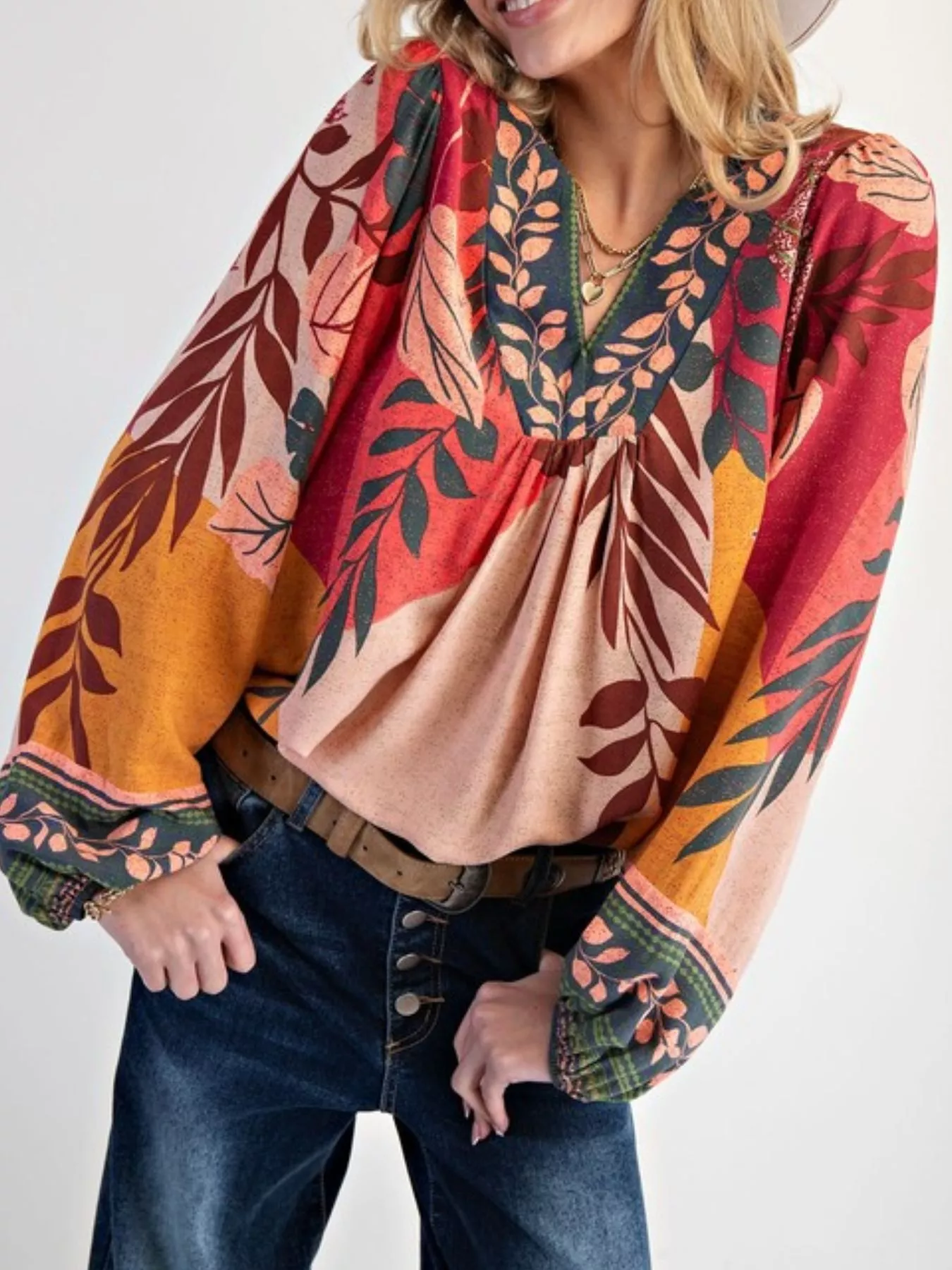 Tropical Print Balloon Sleeve Blouse - Image 2