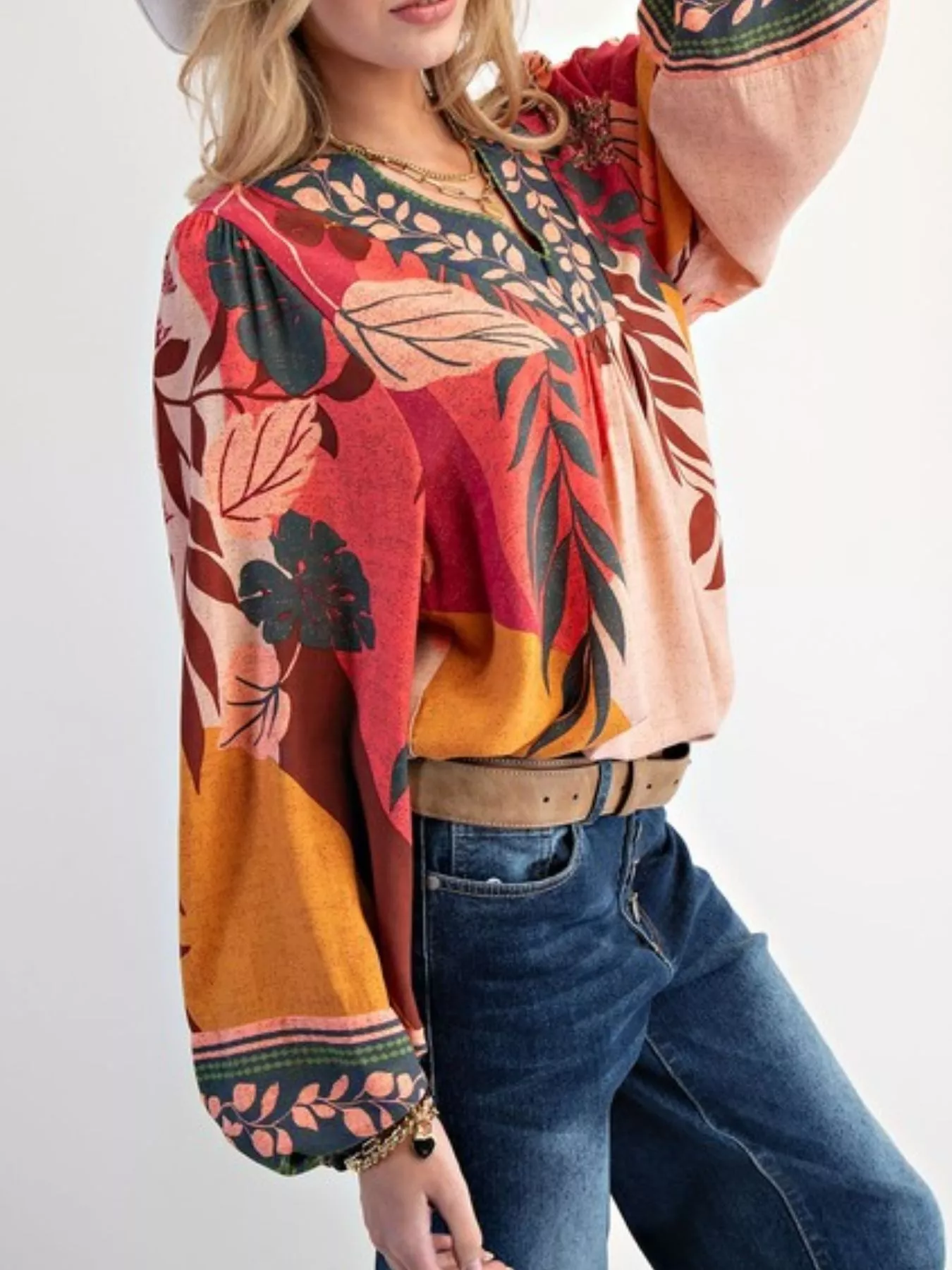 Tropical Print Balloon Sleeve Blouse - Image 3