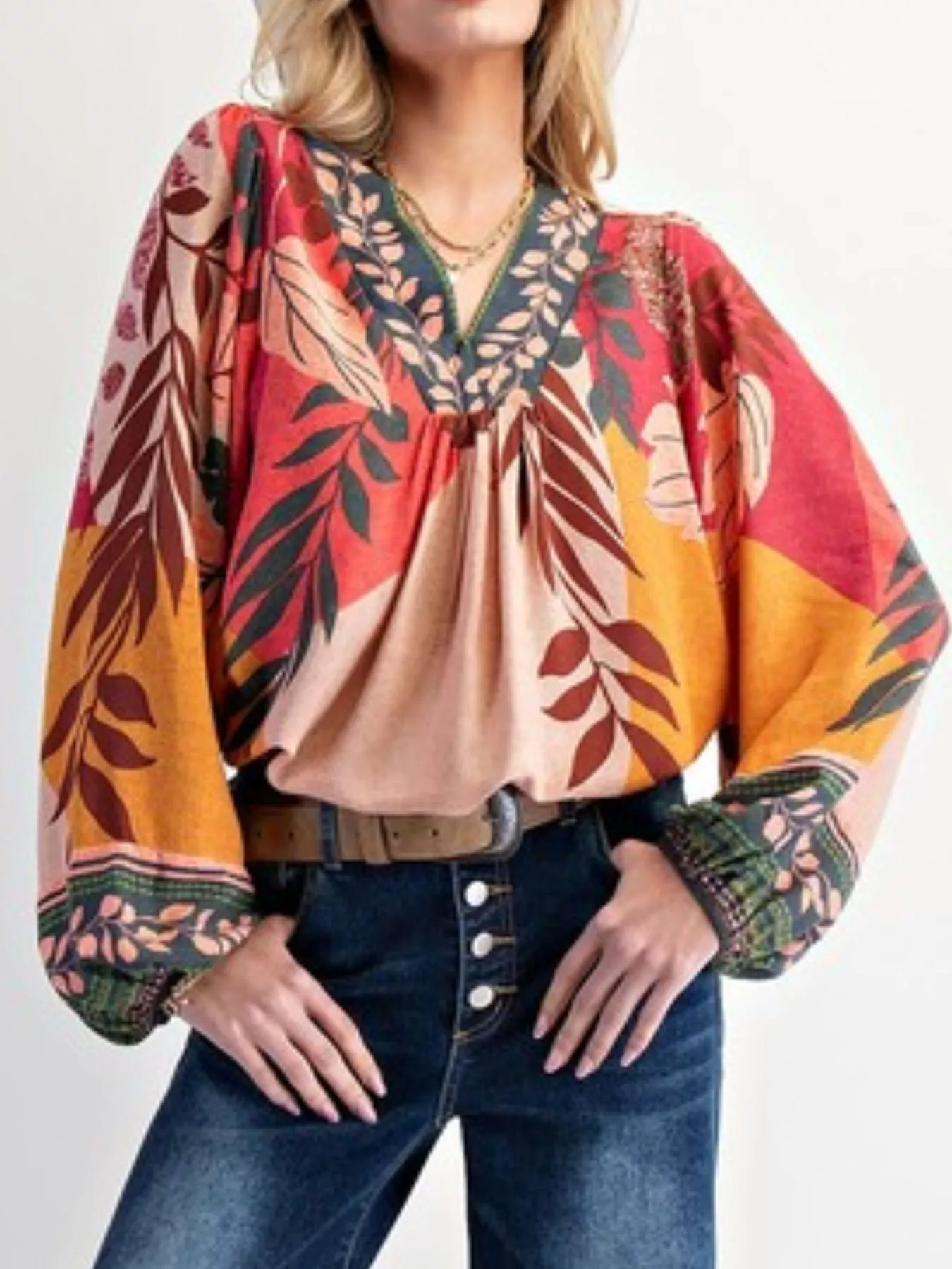 Tropical Print Balloon Sleeve Blouse - Image 5