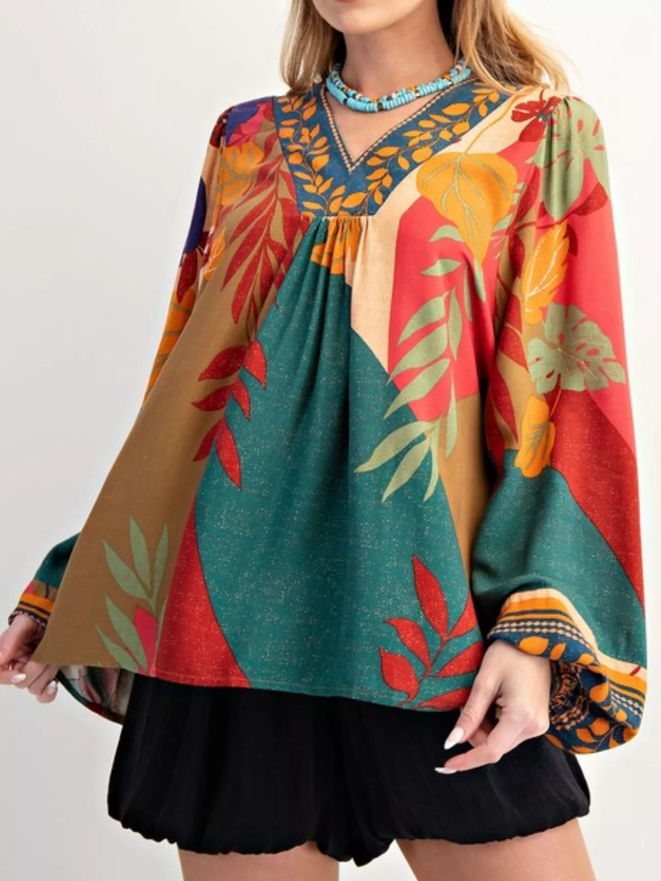 Tropical Print Balloon Sleeve Blouse - Image 6