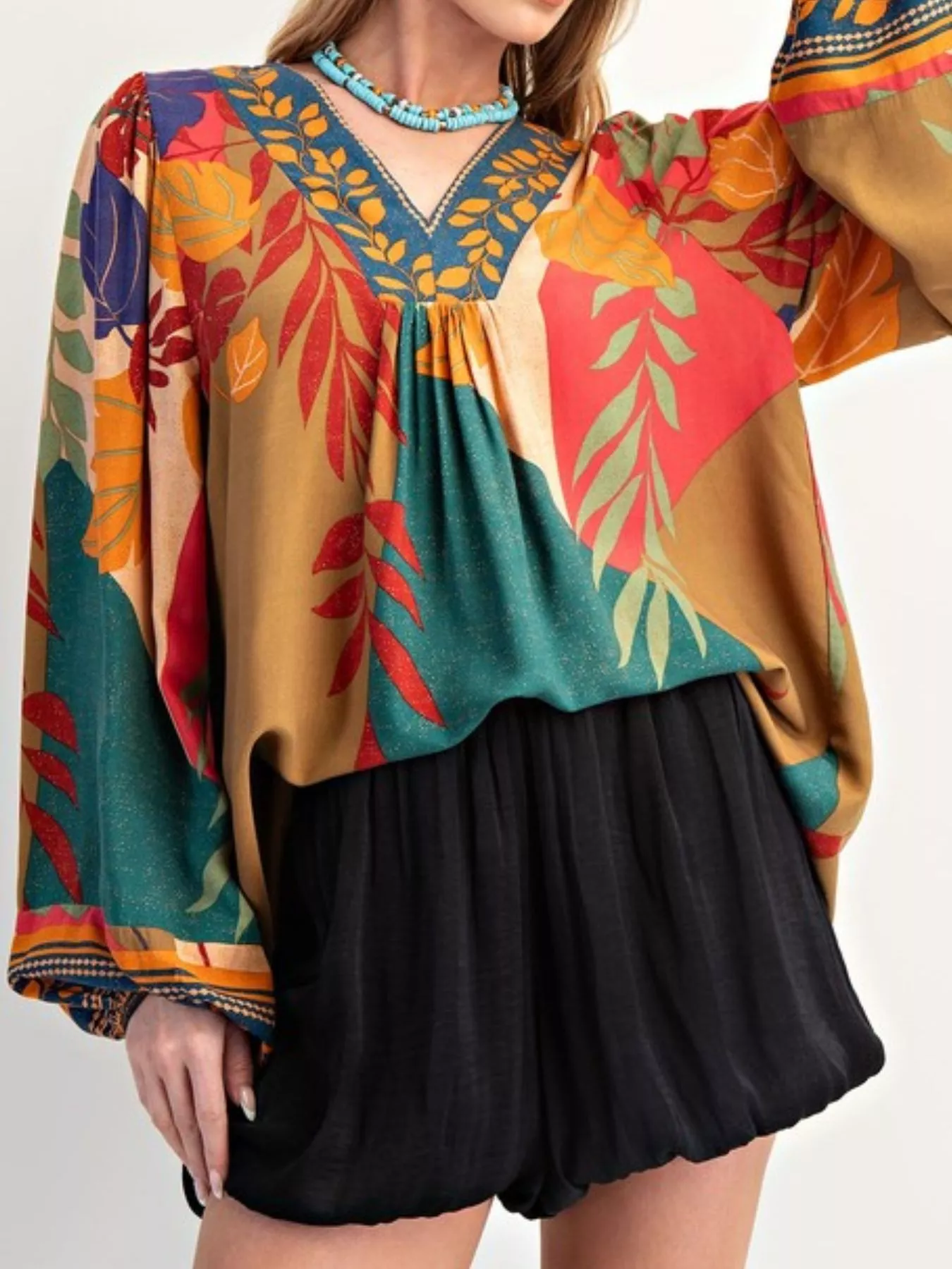 Tropical Print Balloon Sleeve Blouse - Image 7