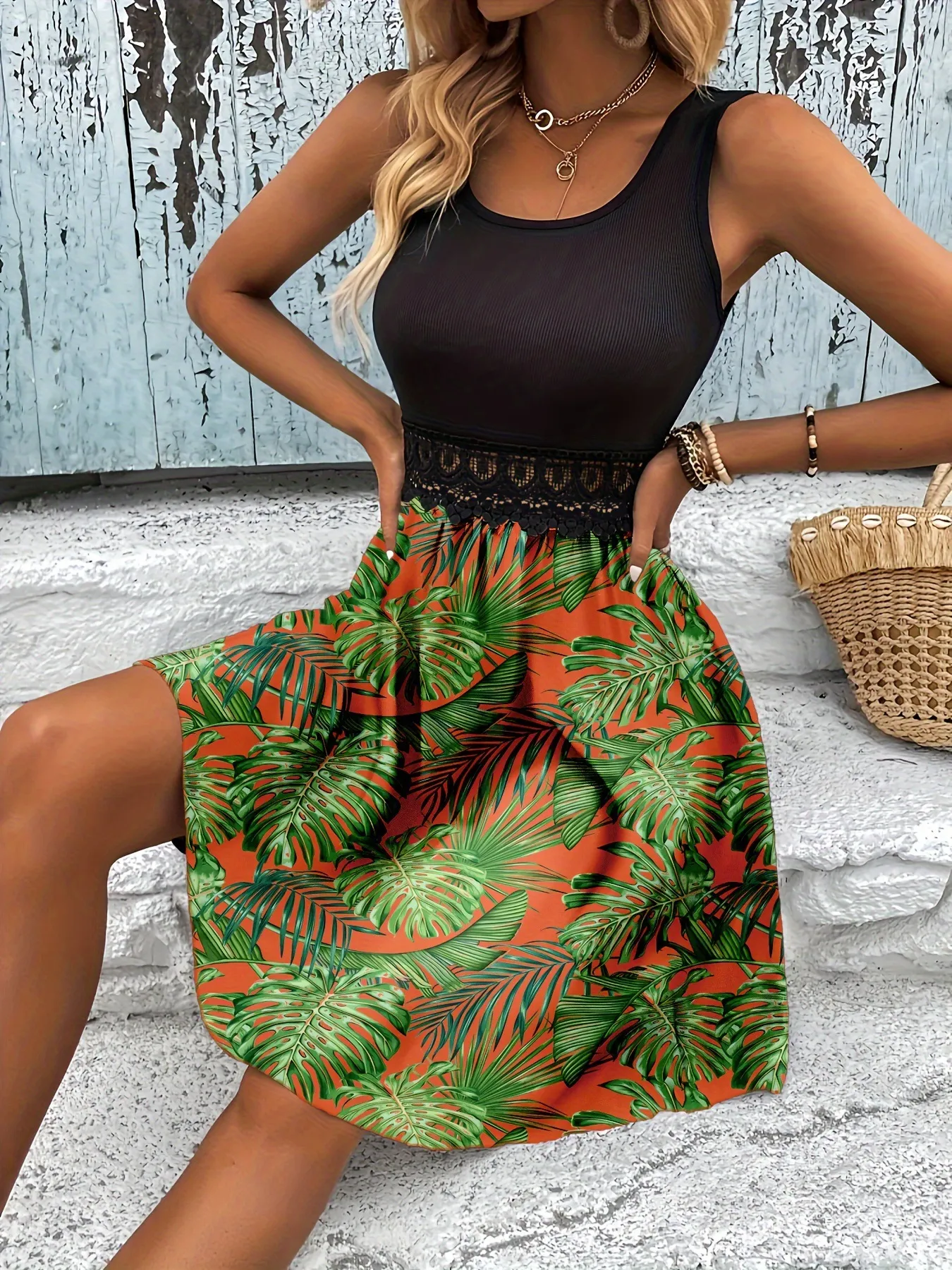 Tropical Print Sleeveless Summer Dress with Lace Waist Detail - Image 6