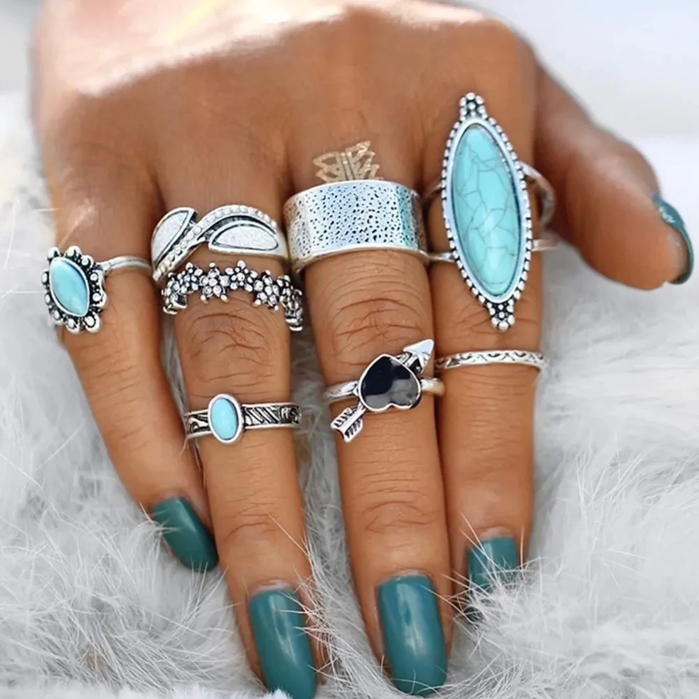 Turquoise Alloy 8-Piece Ring Set - Image 4