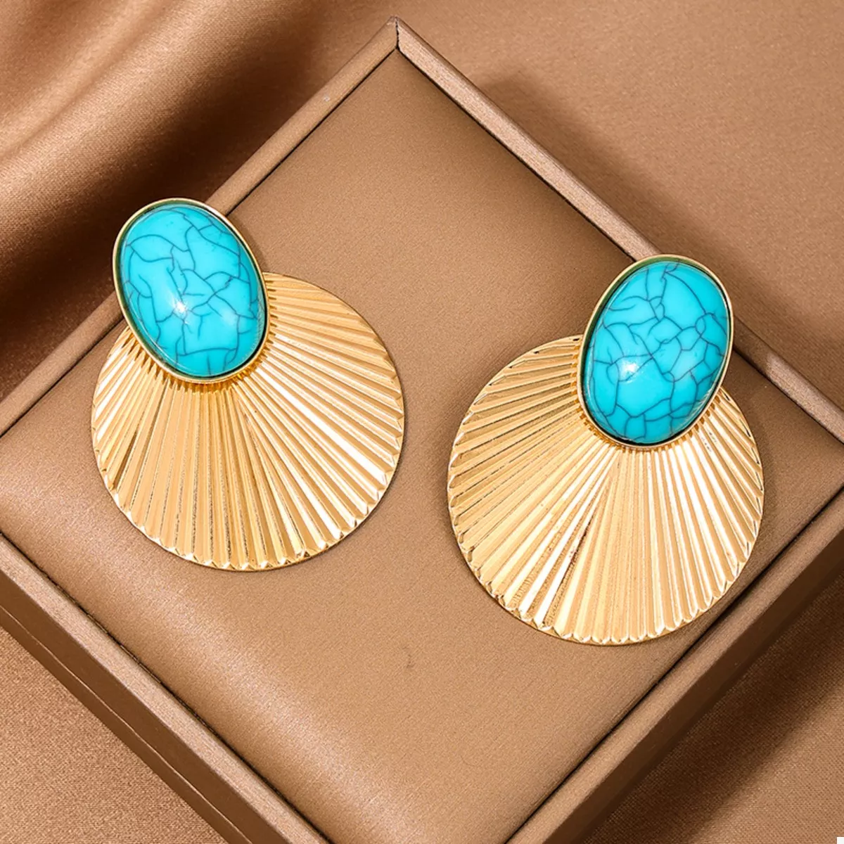 Turquoise Stone Fan Drop Earrings - Image 2