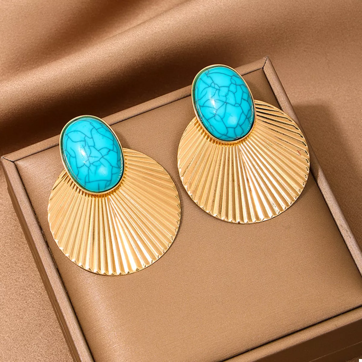 Turquoise Stone Fan Drop Earrings - Image 3