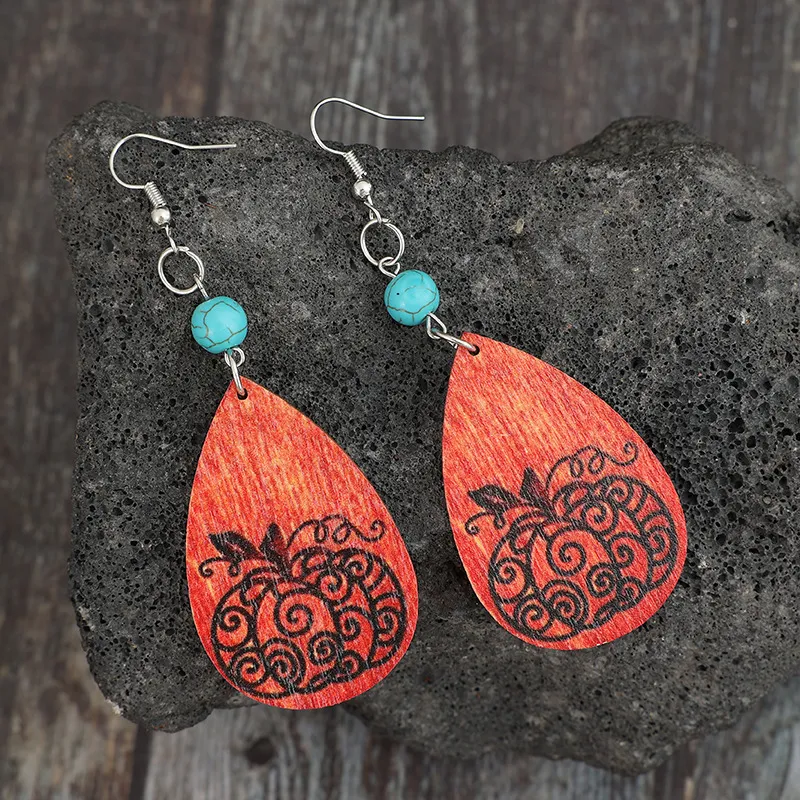 Turquoise Wooden Pumpkin Teardrop Earrings - Image 3