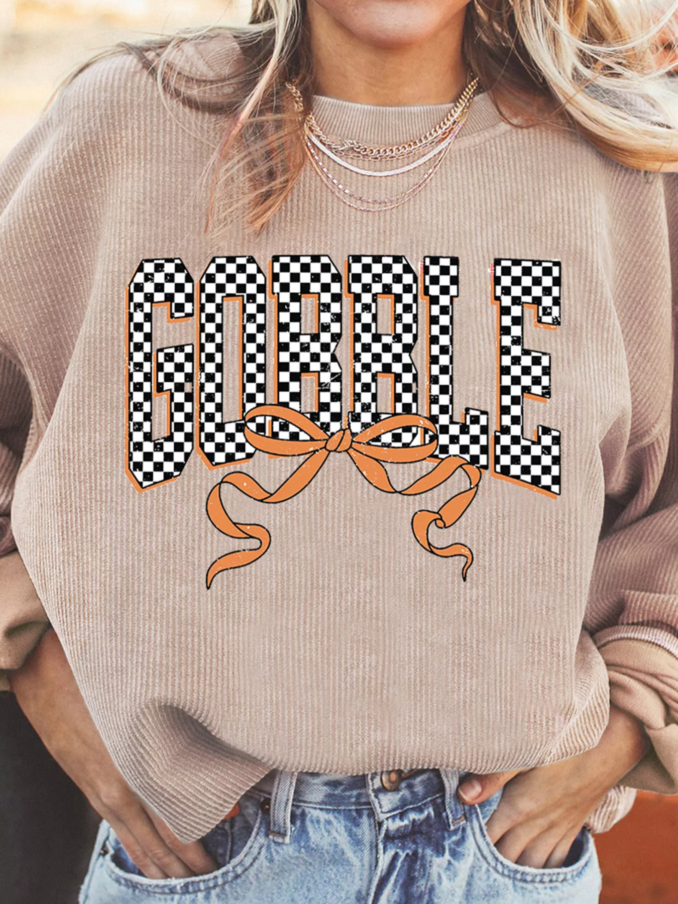 Twisted Ribbed Texture Checkered GOBBLE Bow Baggy Sweatshirt - Image 3