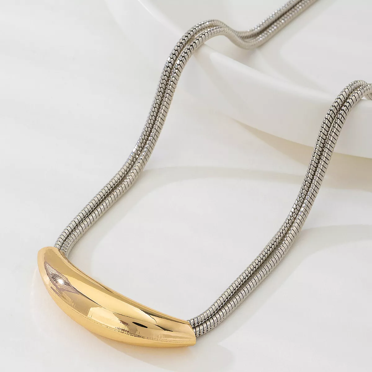 Two-Tone Alloy Curved Pendant Snake Chain Necklace - Image 2