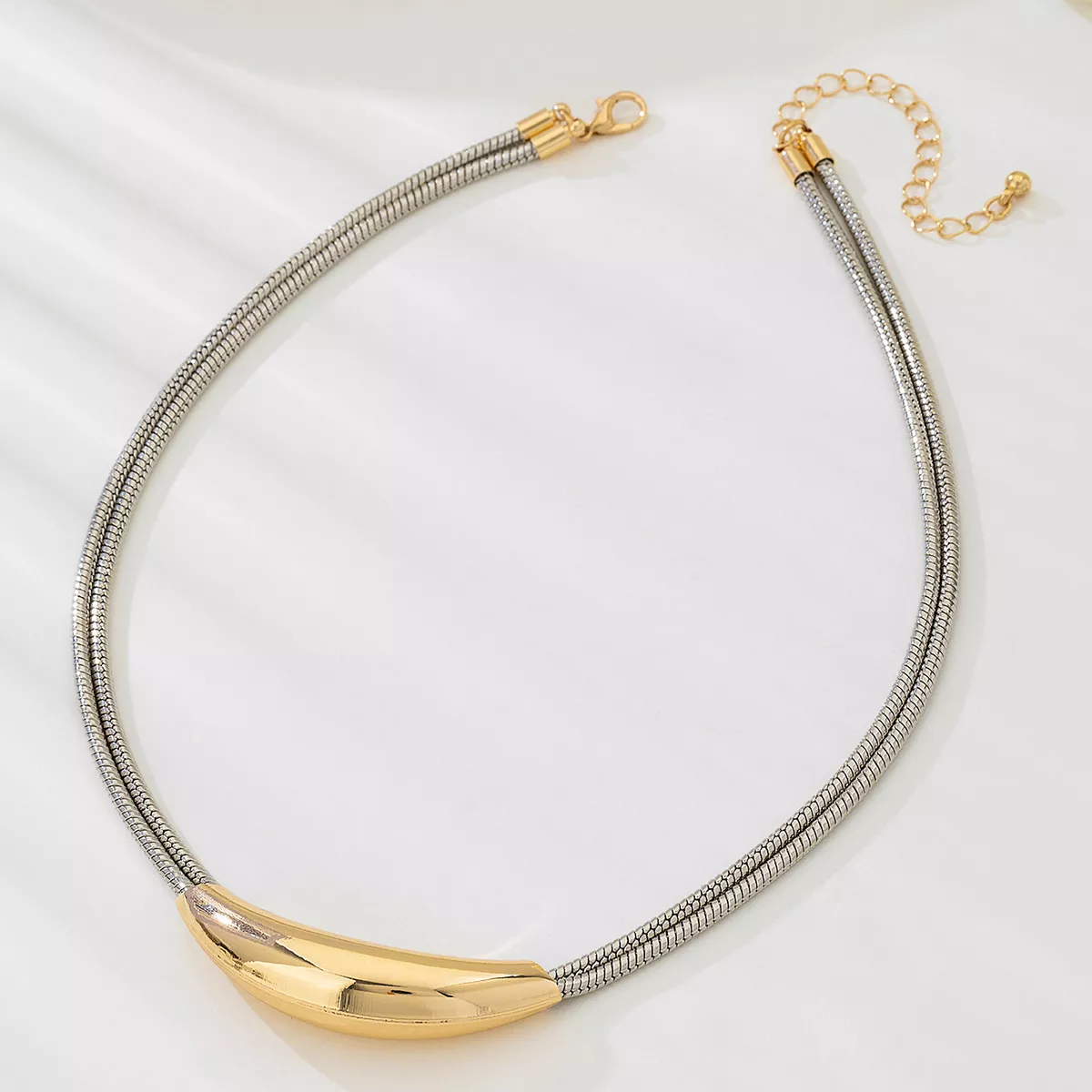 Two-Tone Alloy Curved Pendant Snake Chain Necklace - Image 5