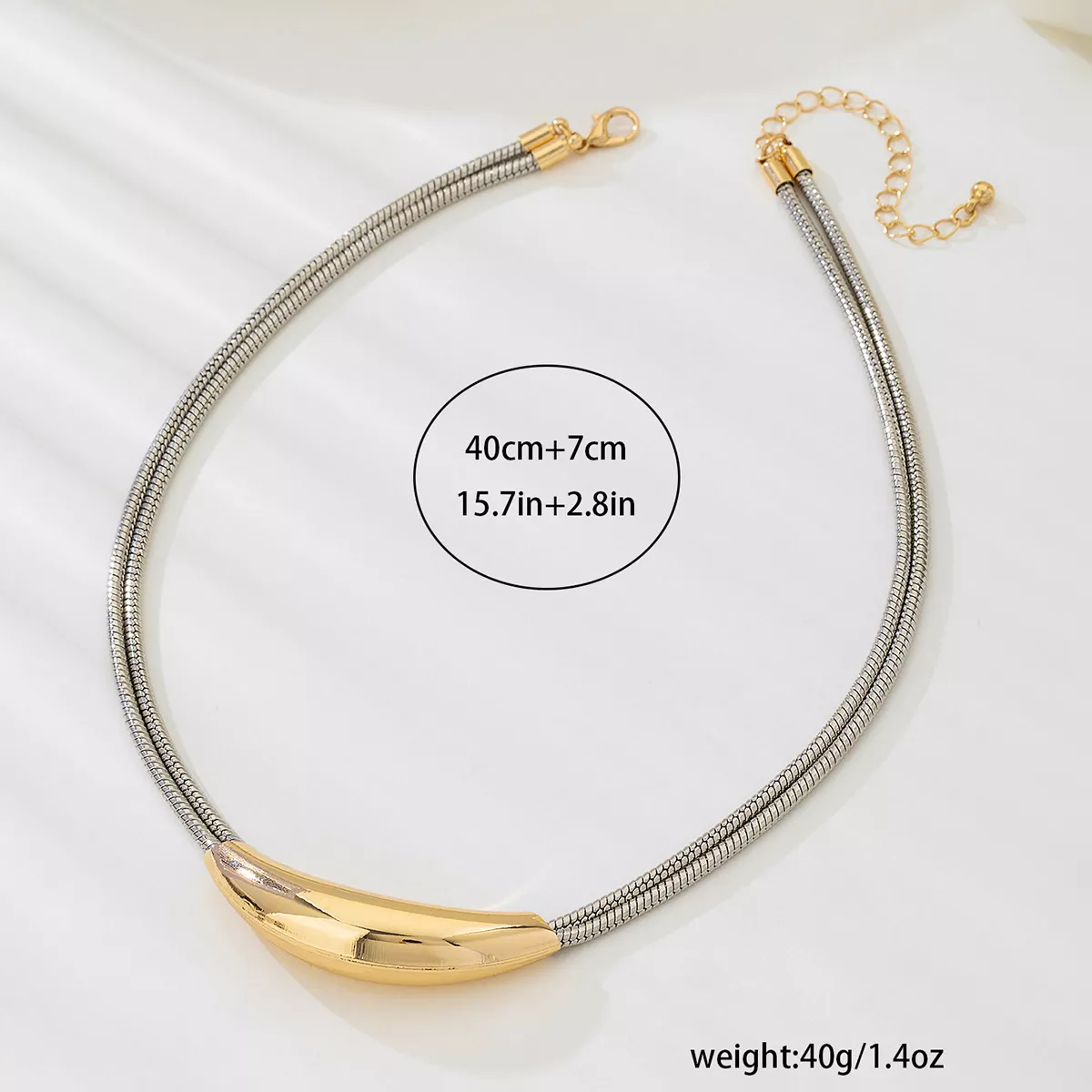 Two-Tone Alloy Curved Pendant Snake Chain Necklace - Image 6