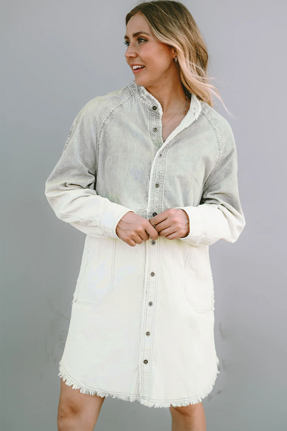 Two-Tone Raw Hem Denim Dress - Image 3