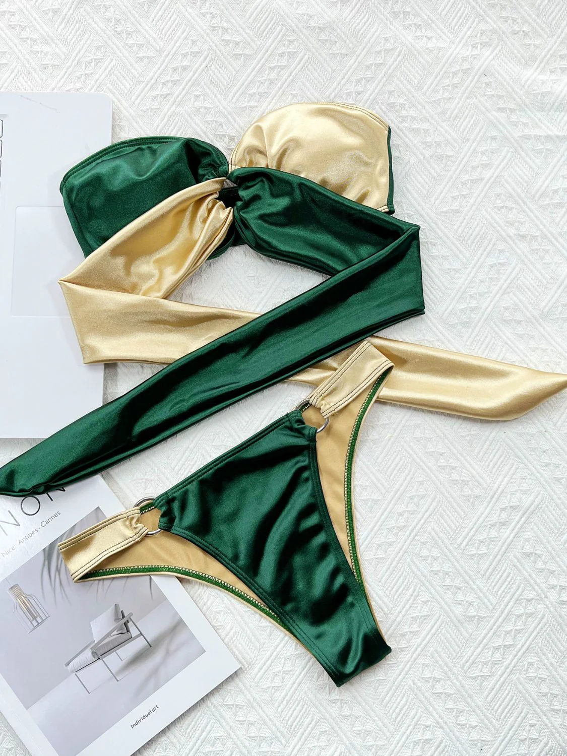 Two-Tone Ring Detail Tied Bikini Set - Image 6
