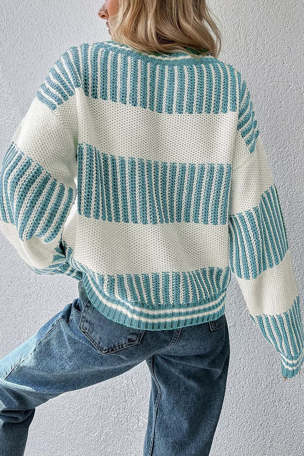 Two Tone Striped Patchwork Drop Shoulder Loose Sweater - Image 2