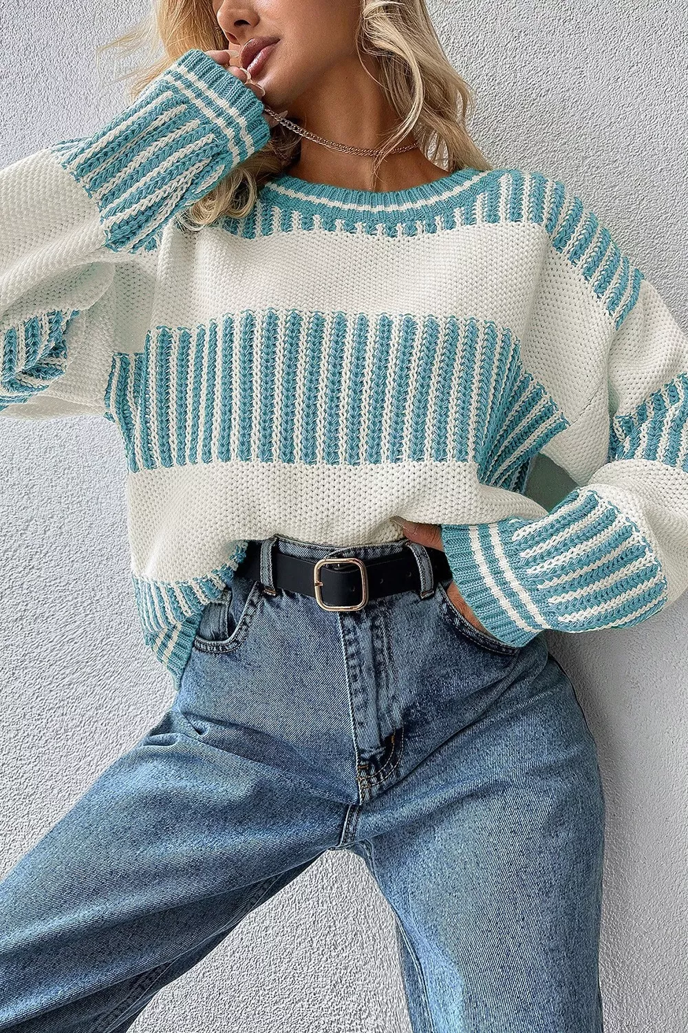 Two Tone Striped Patchwork Drop Shoulder Loose Sweater - Image 4
