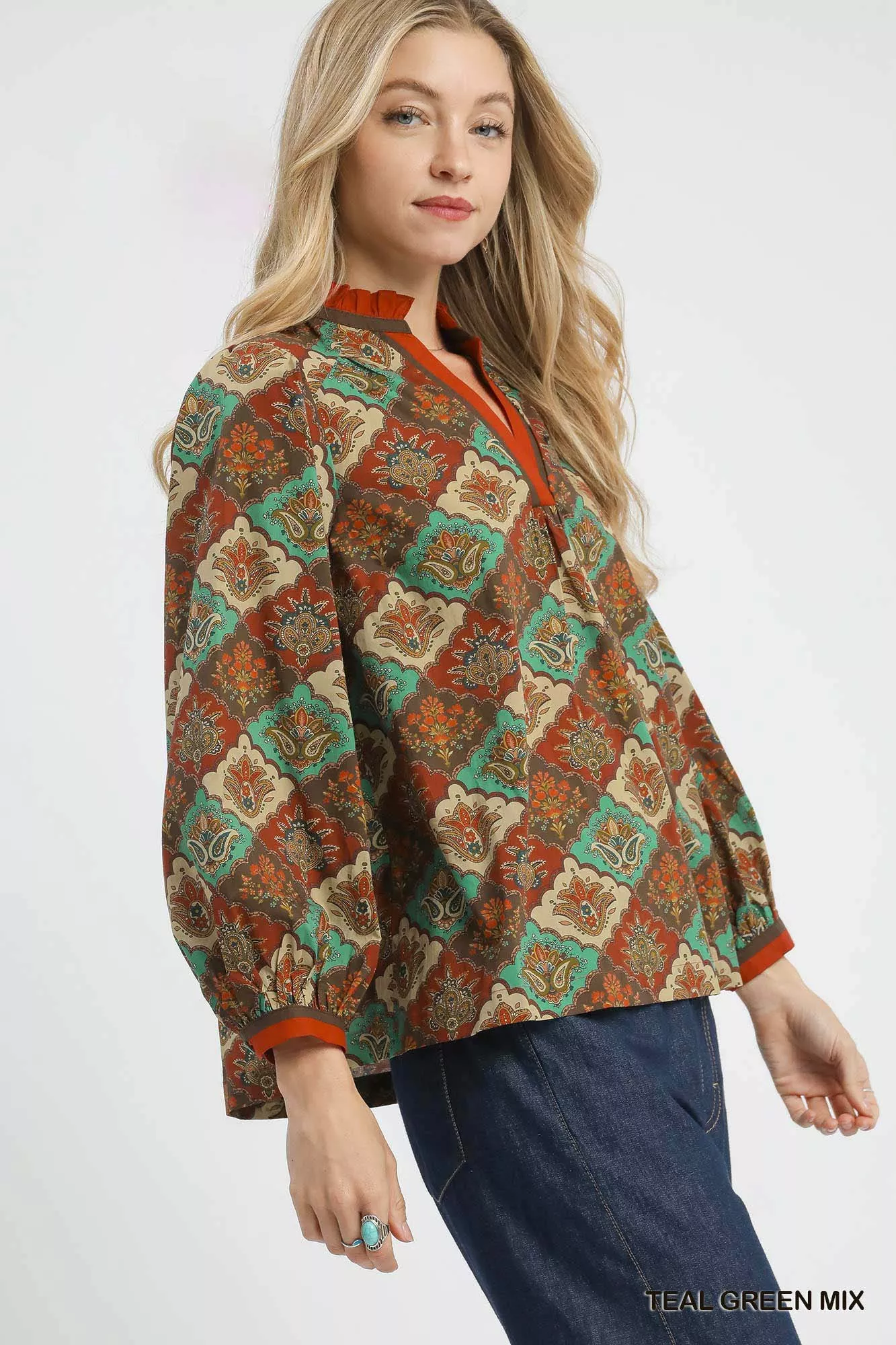 Umgee Abstract Print Ruffle Neck Top - Image 2