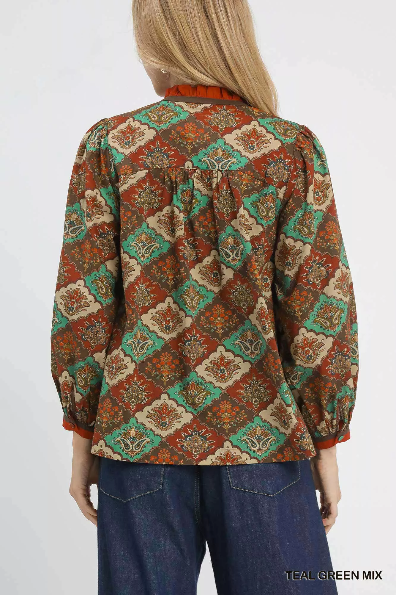 Umgee Abstract Print Ruffle Neck Top - Image 3