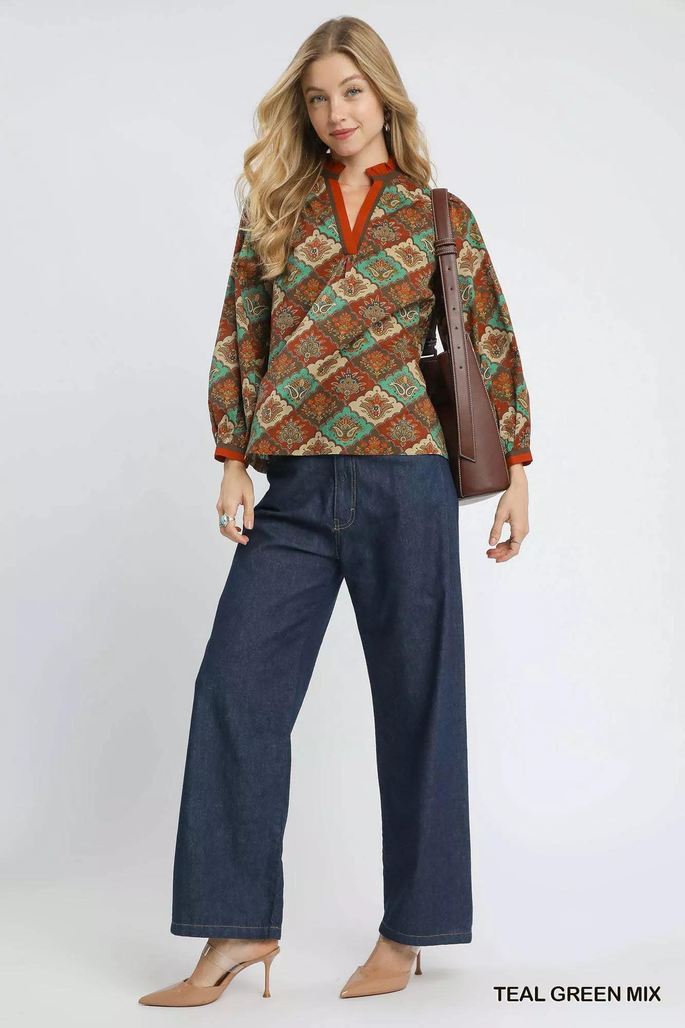 Umgee Abstract Print Ruffle Neck Top - Image 4