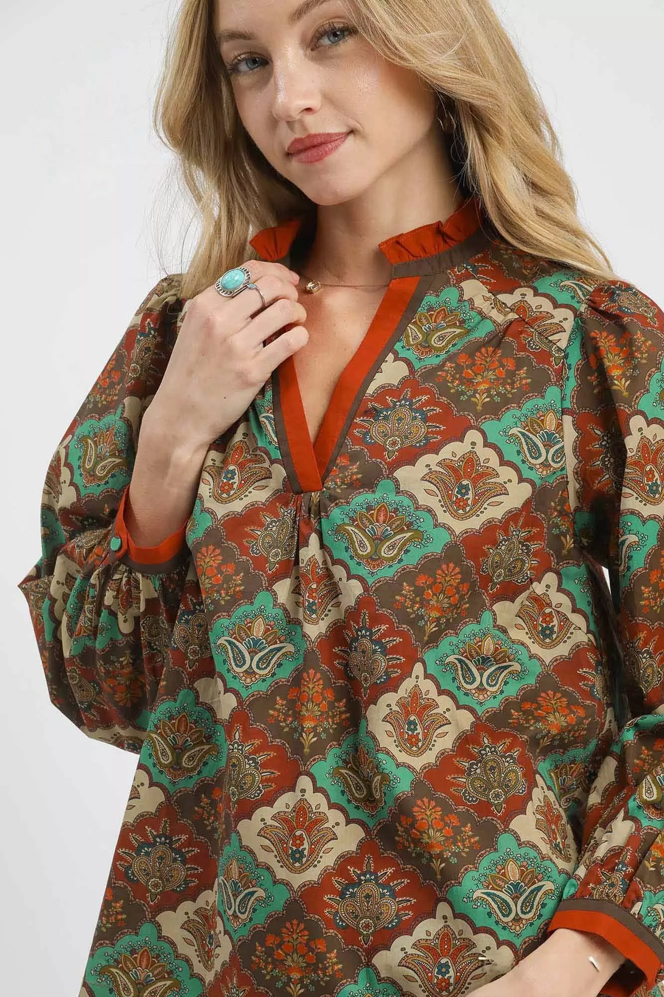 Umgee Abstract Print Ruffle Neck Top - Image 5