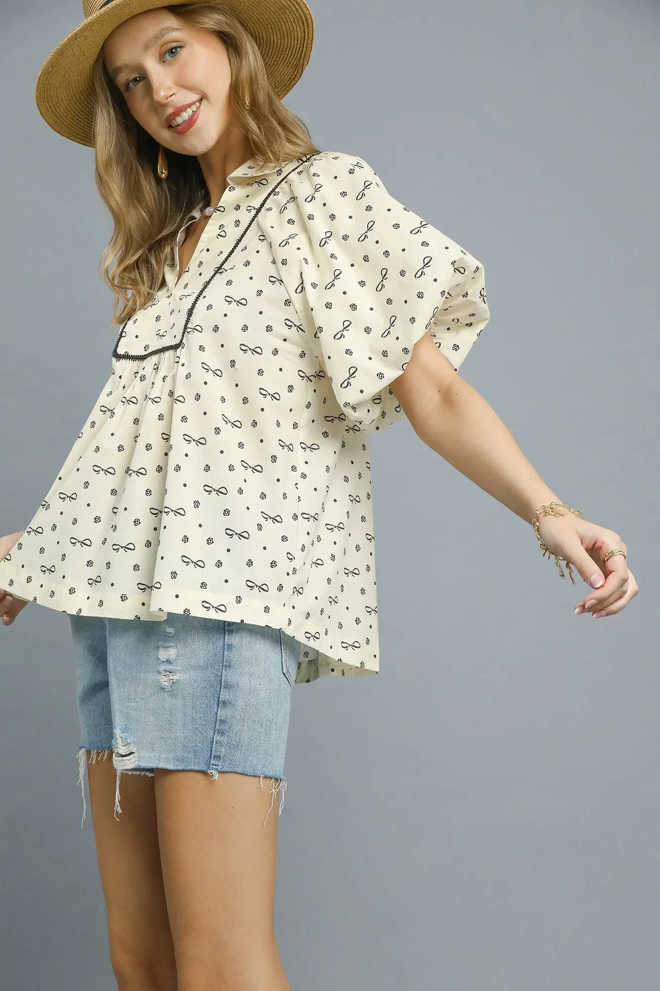 Umgee Bow Print Puff Sleeve Blouse - Image 3