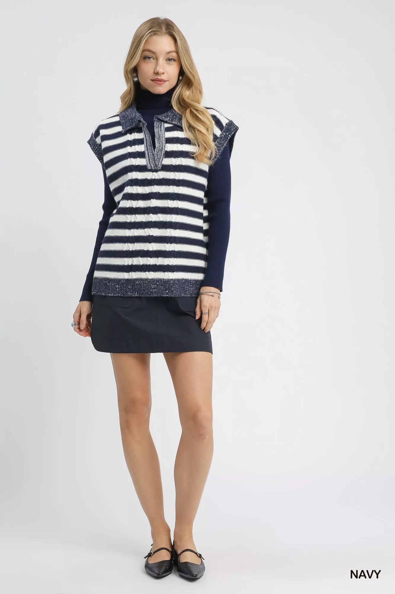 Umgee Cable Knit Collared Striped Vest Sweater - Image 3