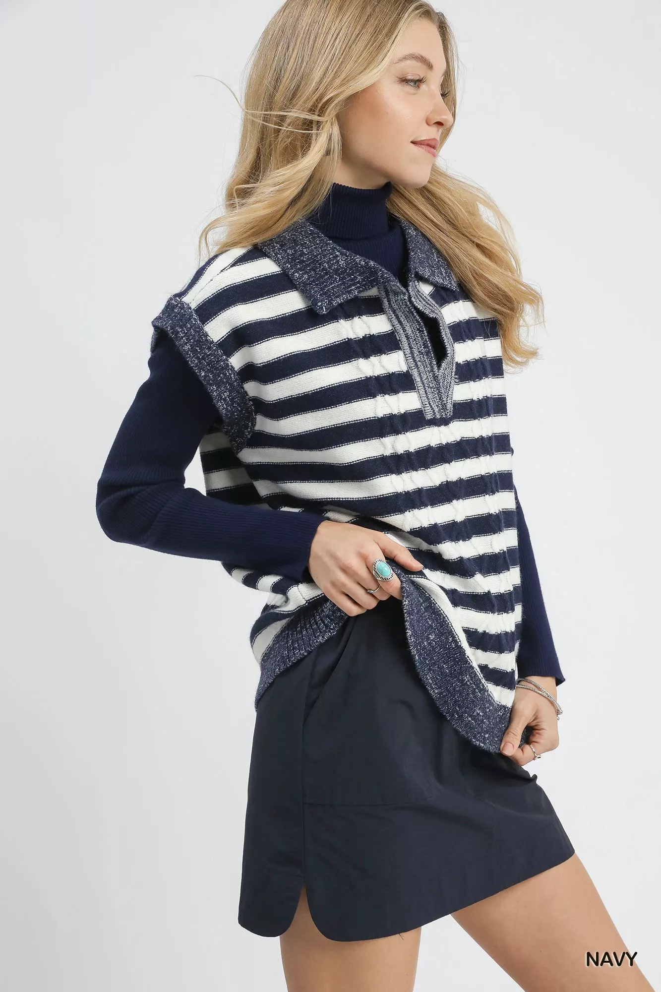 Umgee Cable Knit Collared Striped Vest Sweater - Image 4