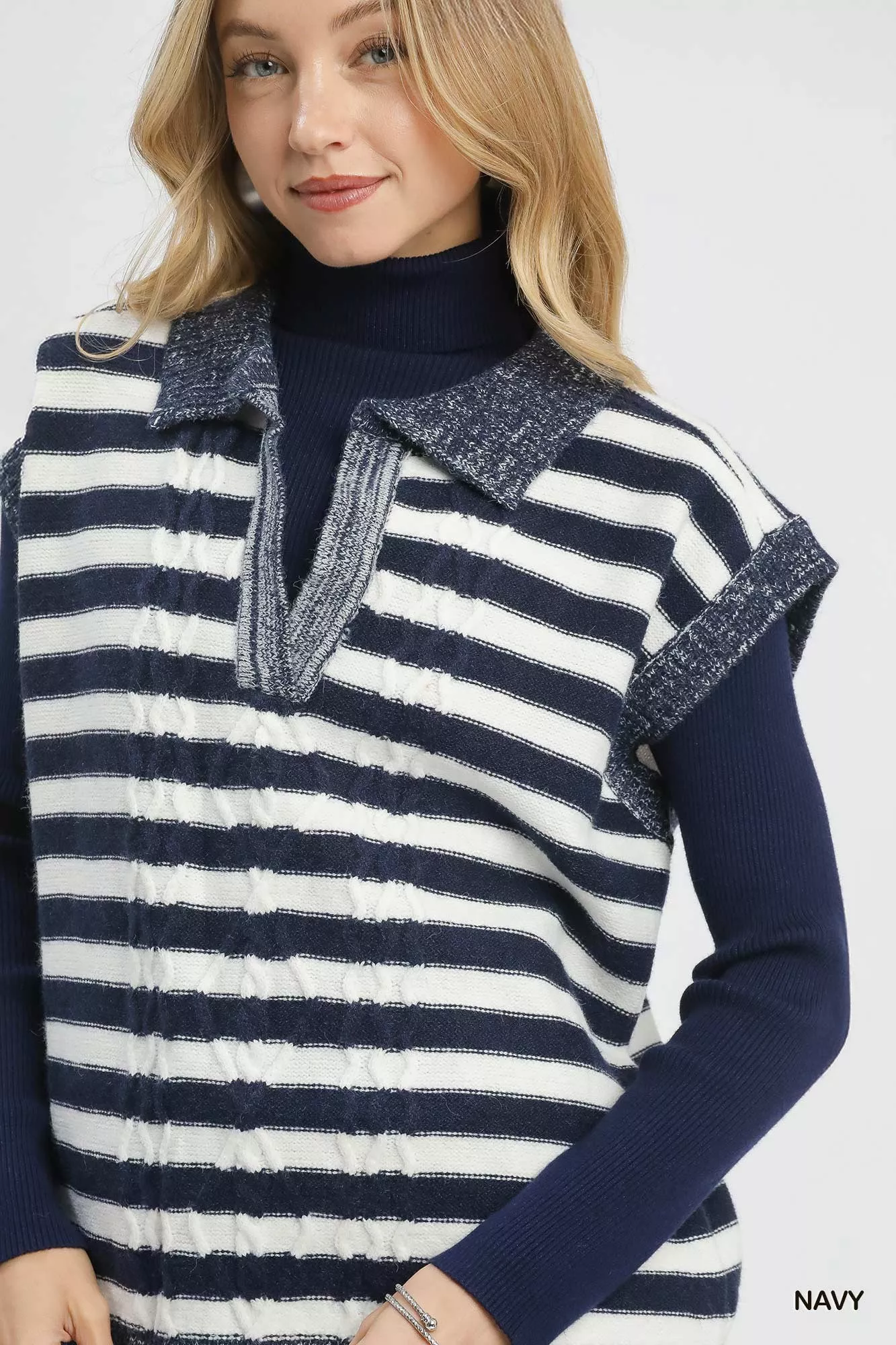 Umgee Cable Knit Collared Striped Vest Sweater - Image 6