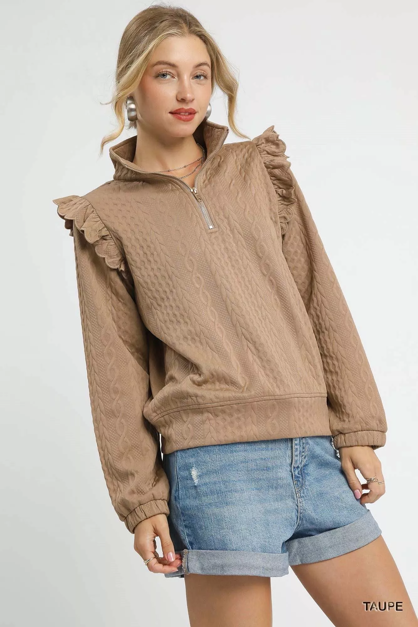 Umgee Cable Knit Textured Pullover with Ruffle Shoulders - Image 2