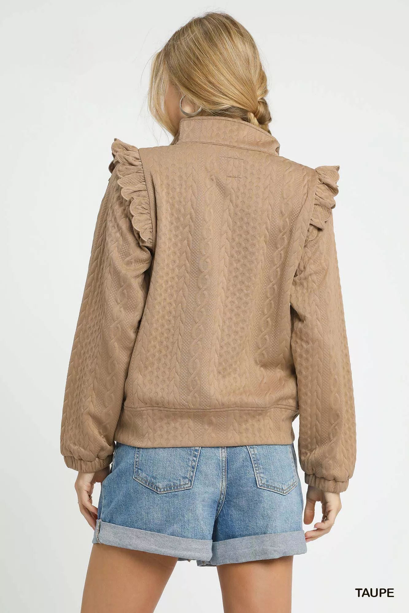 Umgee Cable Knit Textured Pullover with Ruffle Shoulders - Image 3