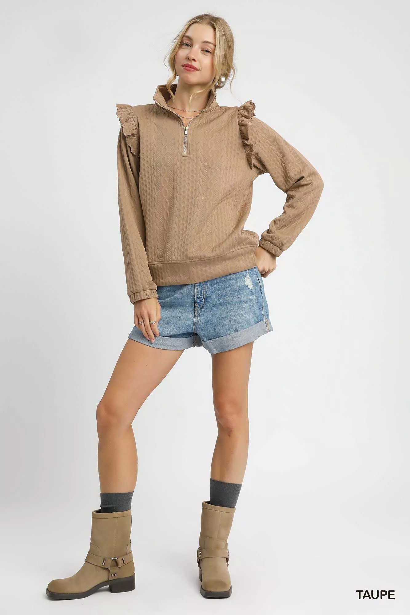 Umgee Cable Knit Textured Pullover with Ruffle Shoulders - Image 4