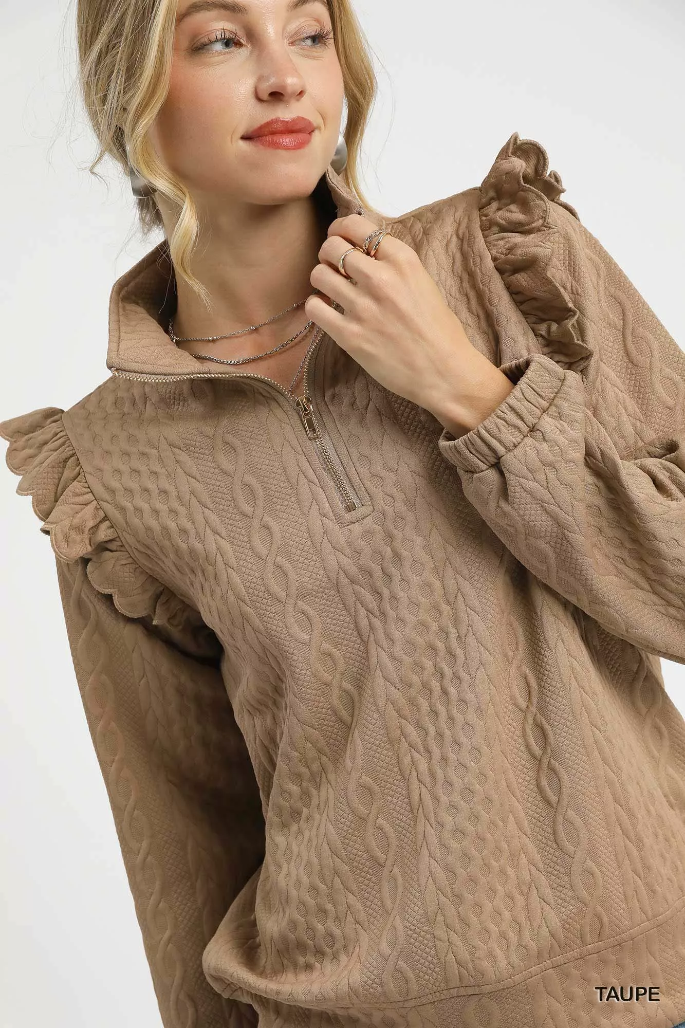 Umgee Cable Knit Textured Pullover with Ruffle Shoulders - Image 5