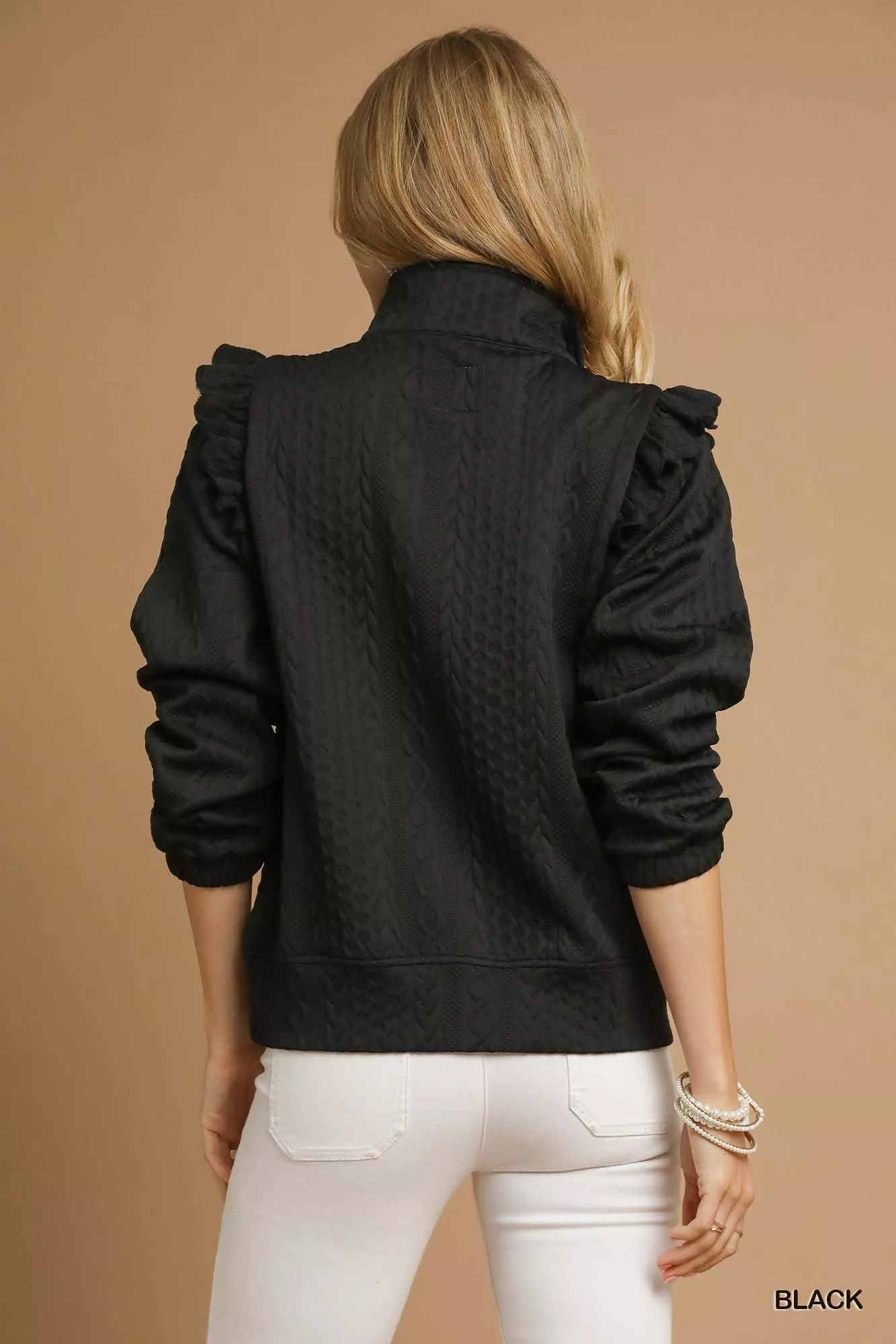 Umgee Cable Knit Textured Pullover with Ruffle Shoulders - Image 2