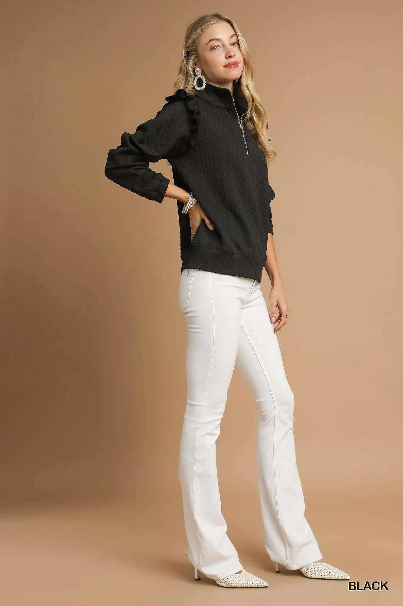 Umgee Cable Knit Textured Pullover with Ruffle Shoulders - Image 4