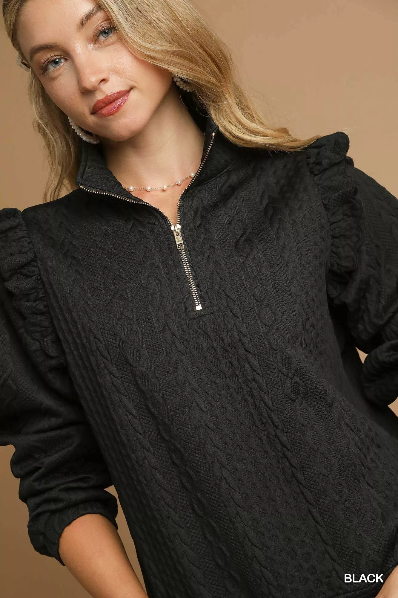 Umgee Cable Knit Textured Pullover with Ruffle Shoulders - Image 5