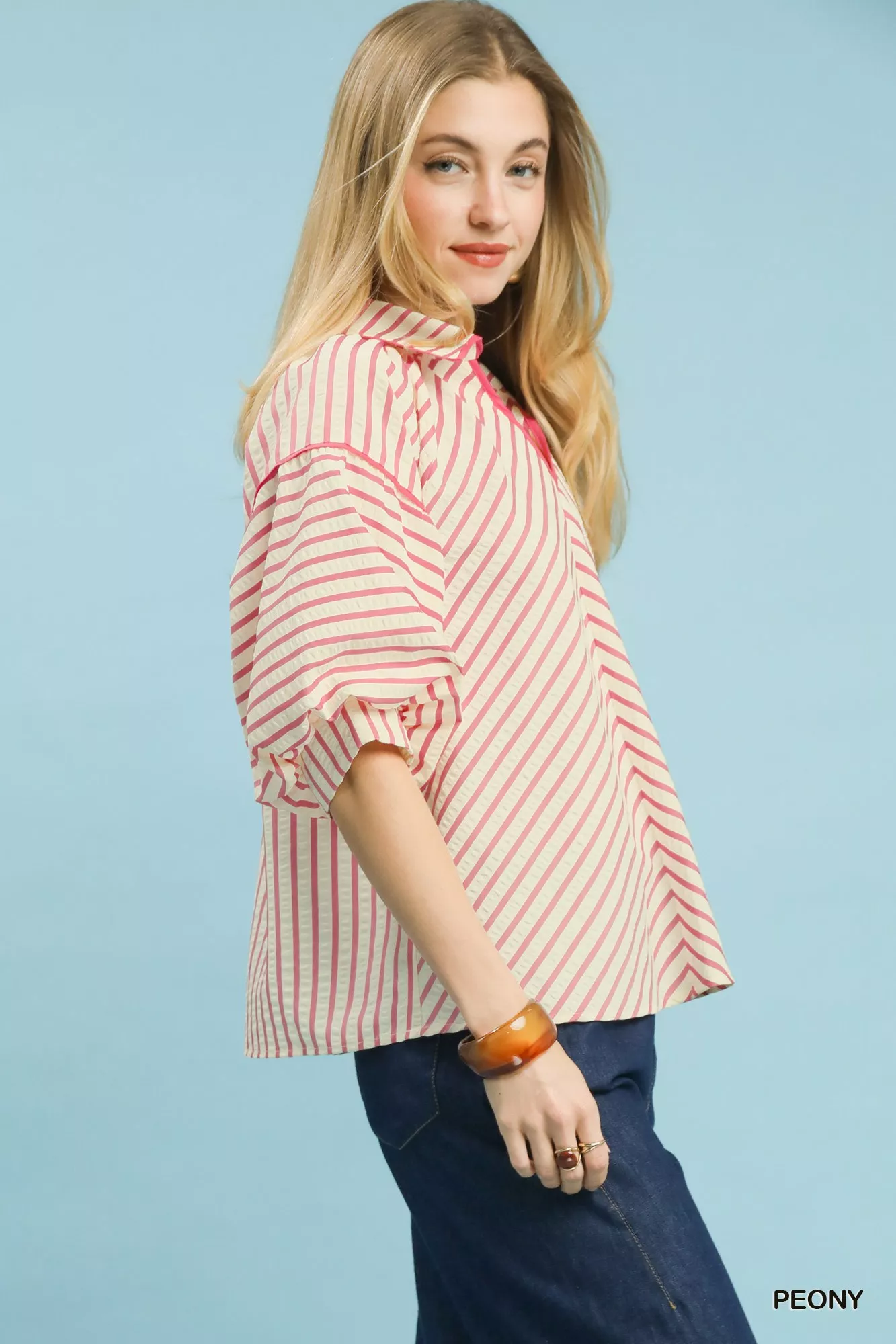 Umgee Chevron Stripe Collared Relaxed Top - Image 2
