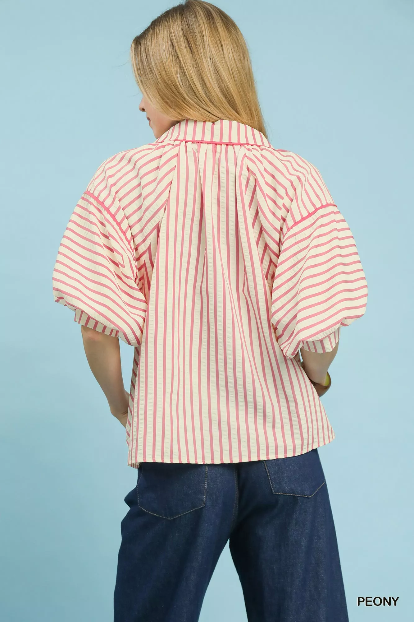 Umgee Chevron Stripe Collared Relaxed Top - Image 3