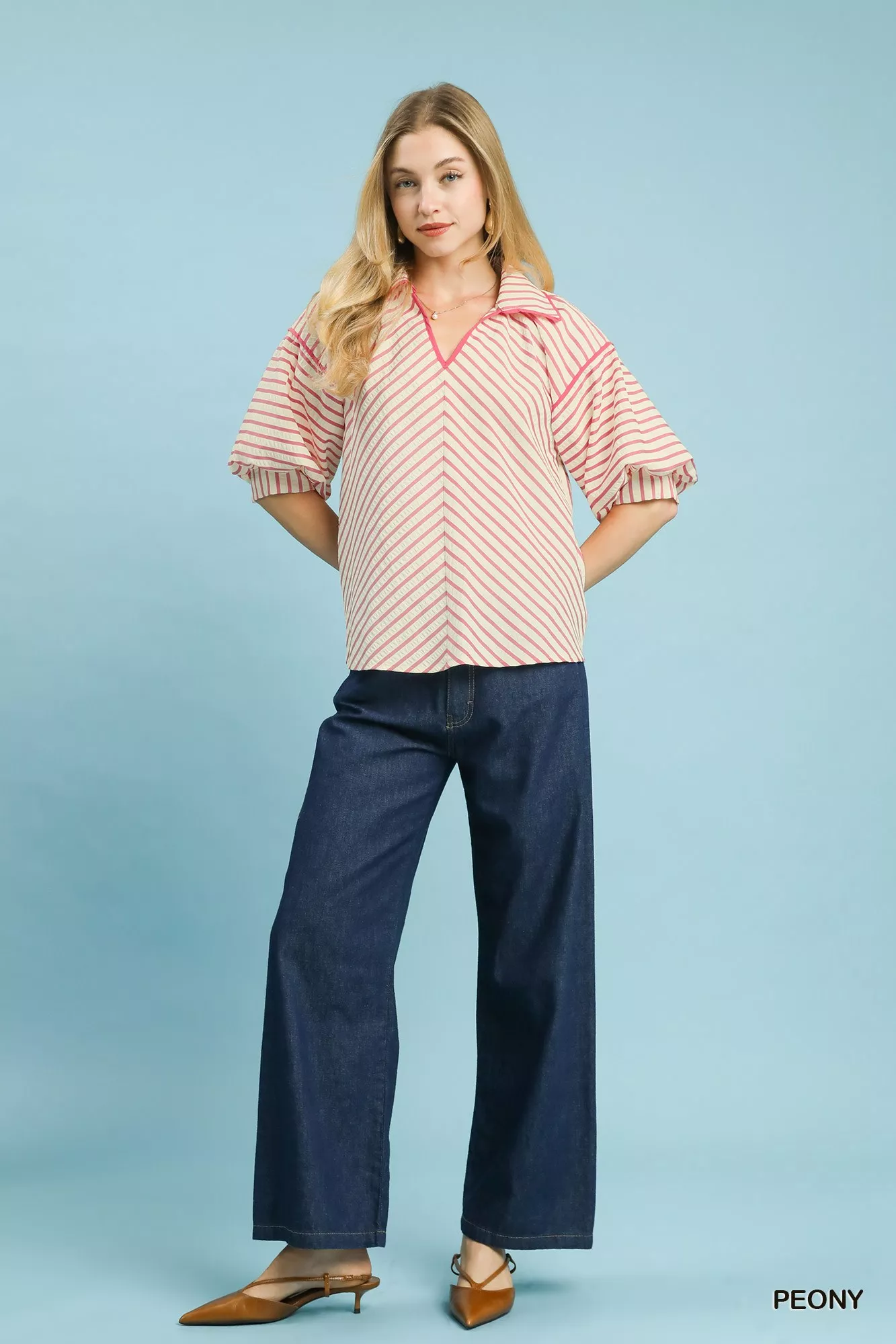 Umgee Chevron Stripe Collared Relaxed Top - Image 4