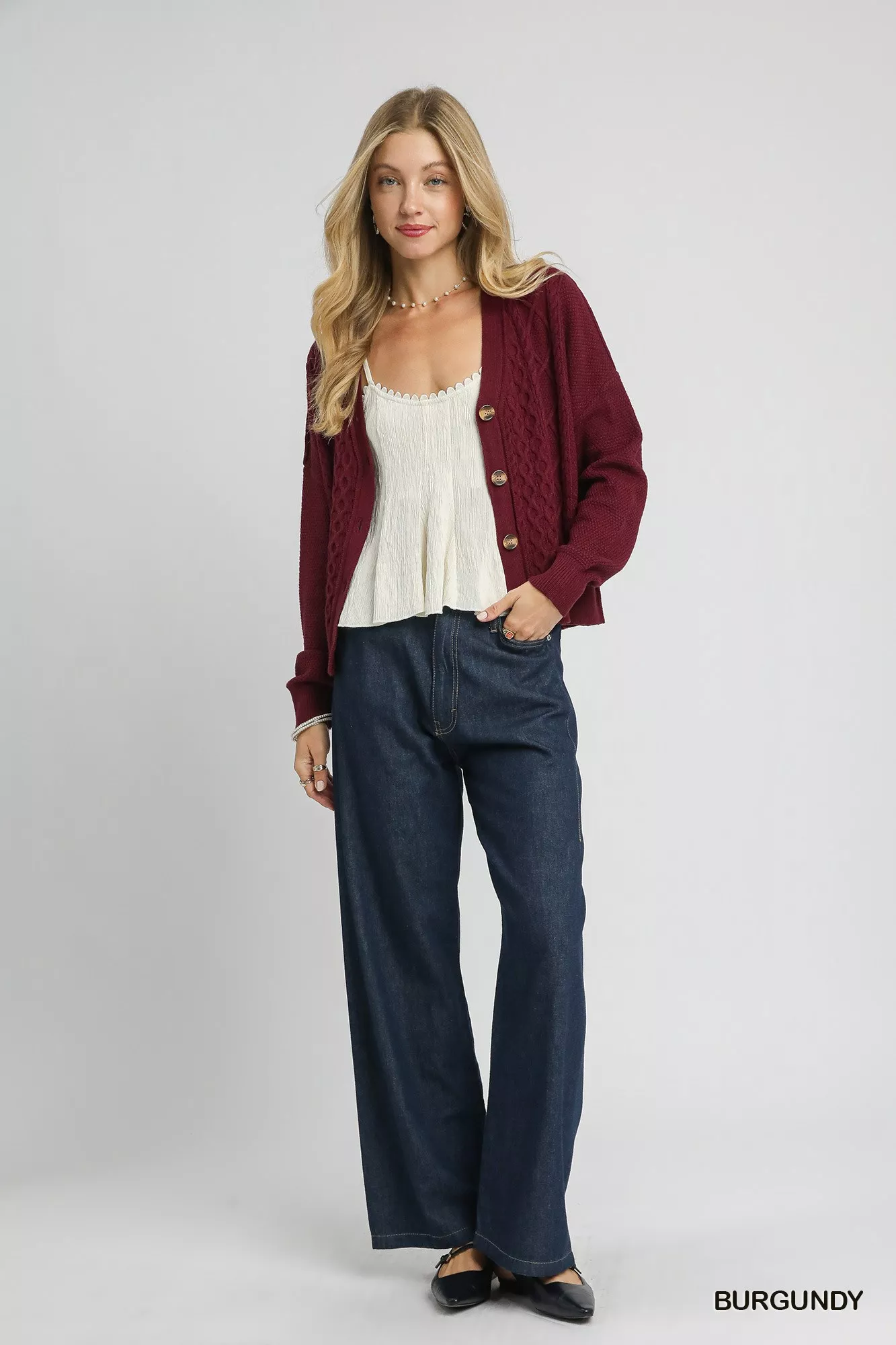 Umgee Chunky Cable Knit V-Neck Button-Up Cardigan - Image 3