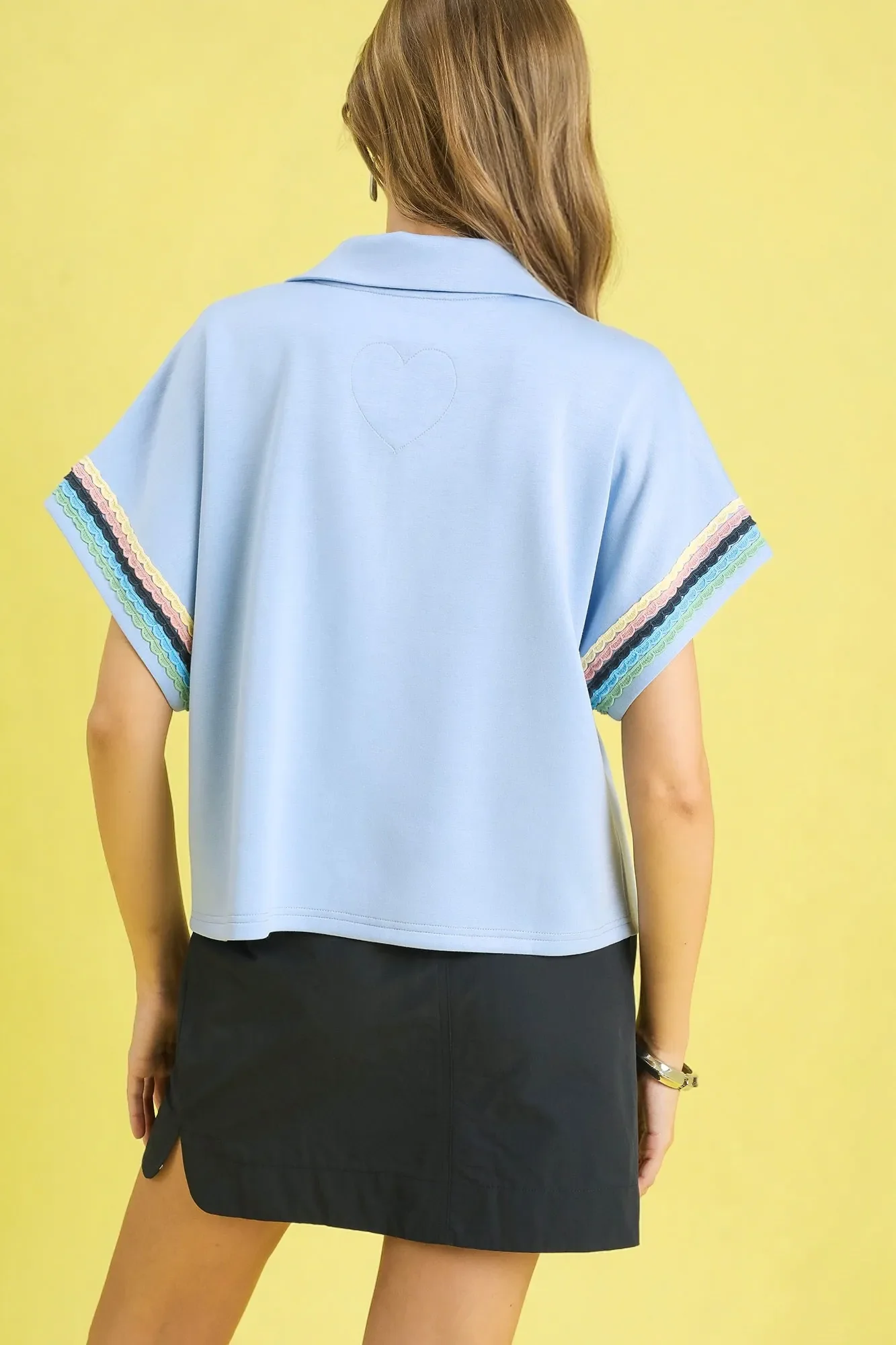 Umgee Contrast Trim Half Zip Collared Blouse - Image 2