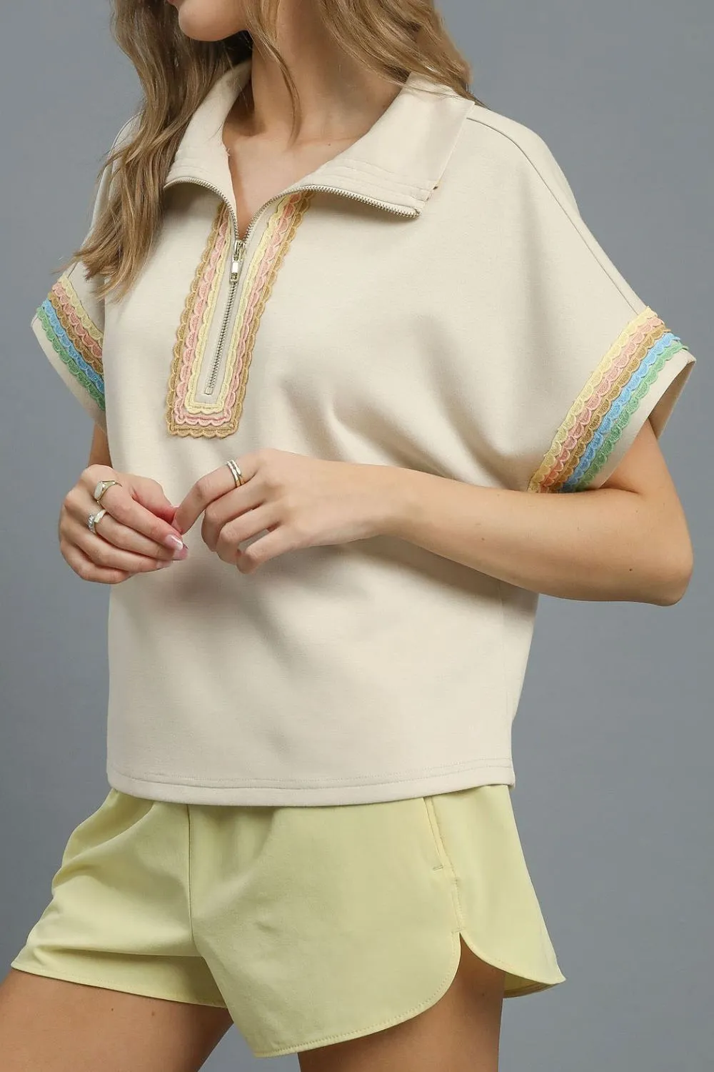 Umgee Contrast Trim Half Zip Collared Blouse - Image 2