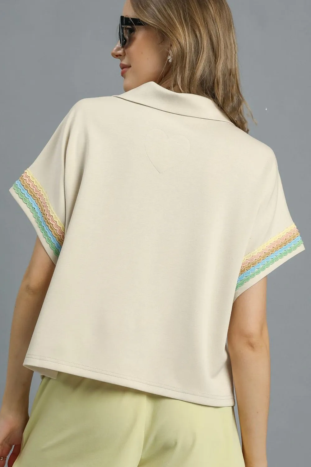 Umgee Contrast Trim Half Zip Collared Blouse - Image 3