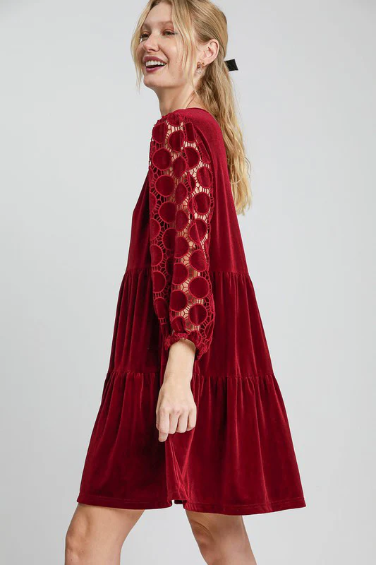 Umgee Dotted Lace Sleeve Tiered Velvet Mini Dress - Image 3