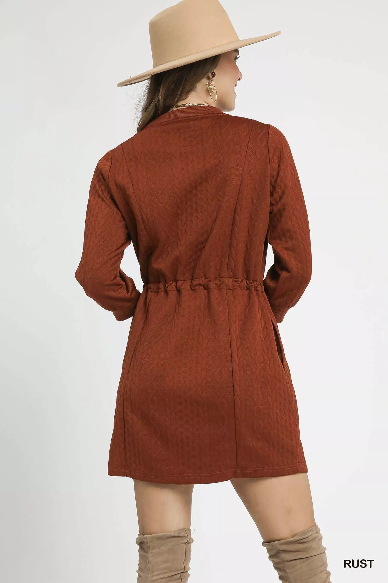 Umgee Drawstring Cable Knit Mini Dress with Pockets - Image 3