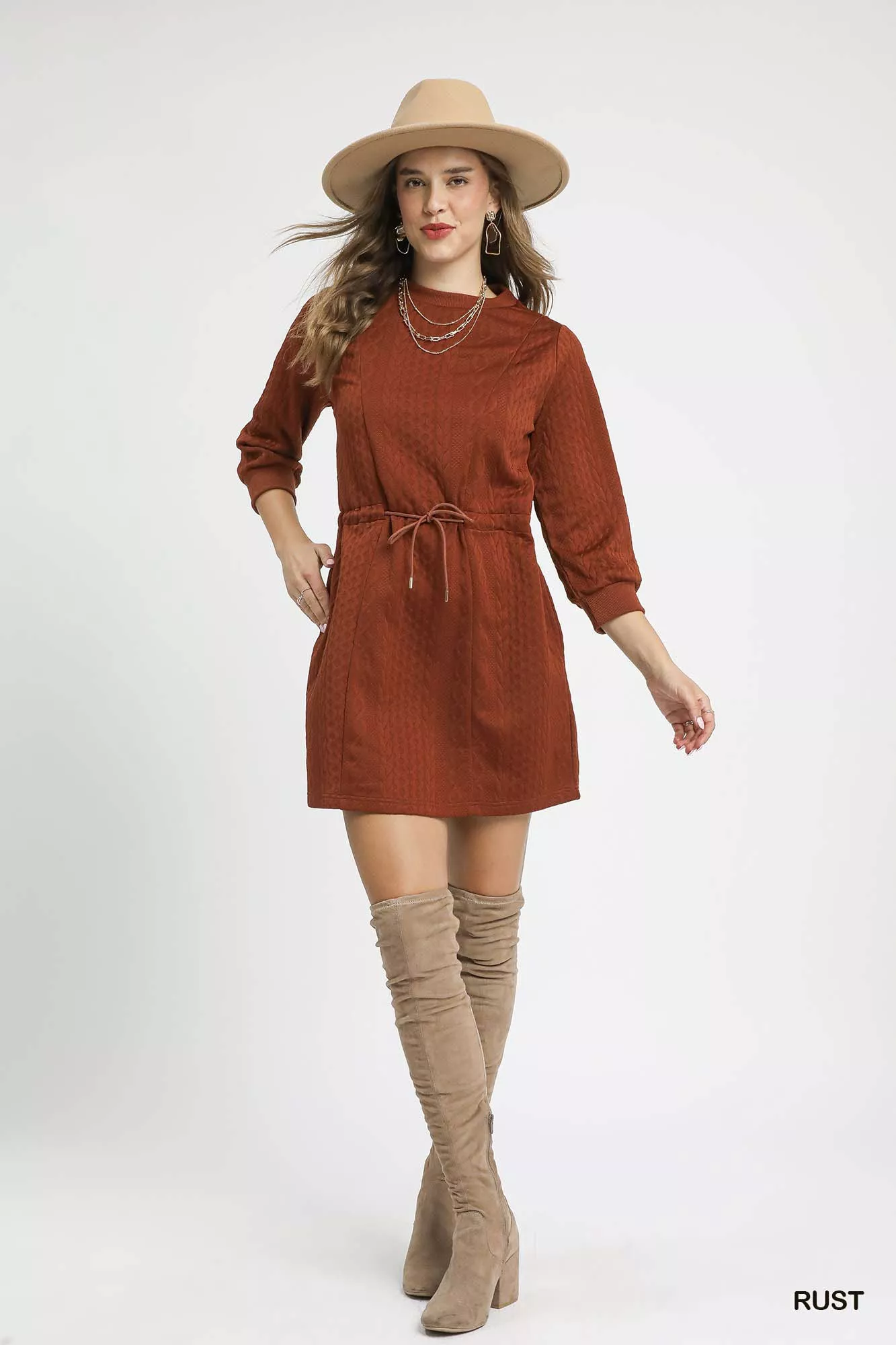 Umgee Drawstring Cable Knit Mini Dress with Pockets - Image 4