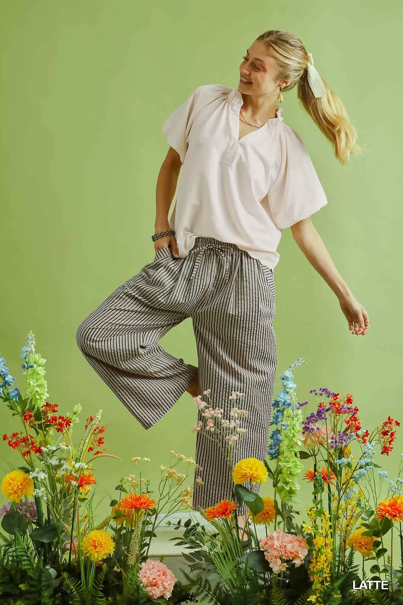 Umgee Drawstring Striped Wide-Leg Pants - Image 8