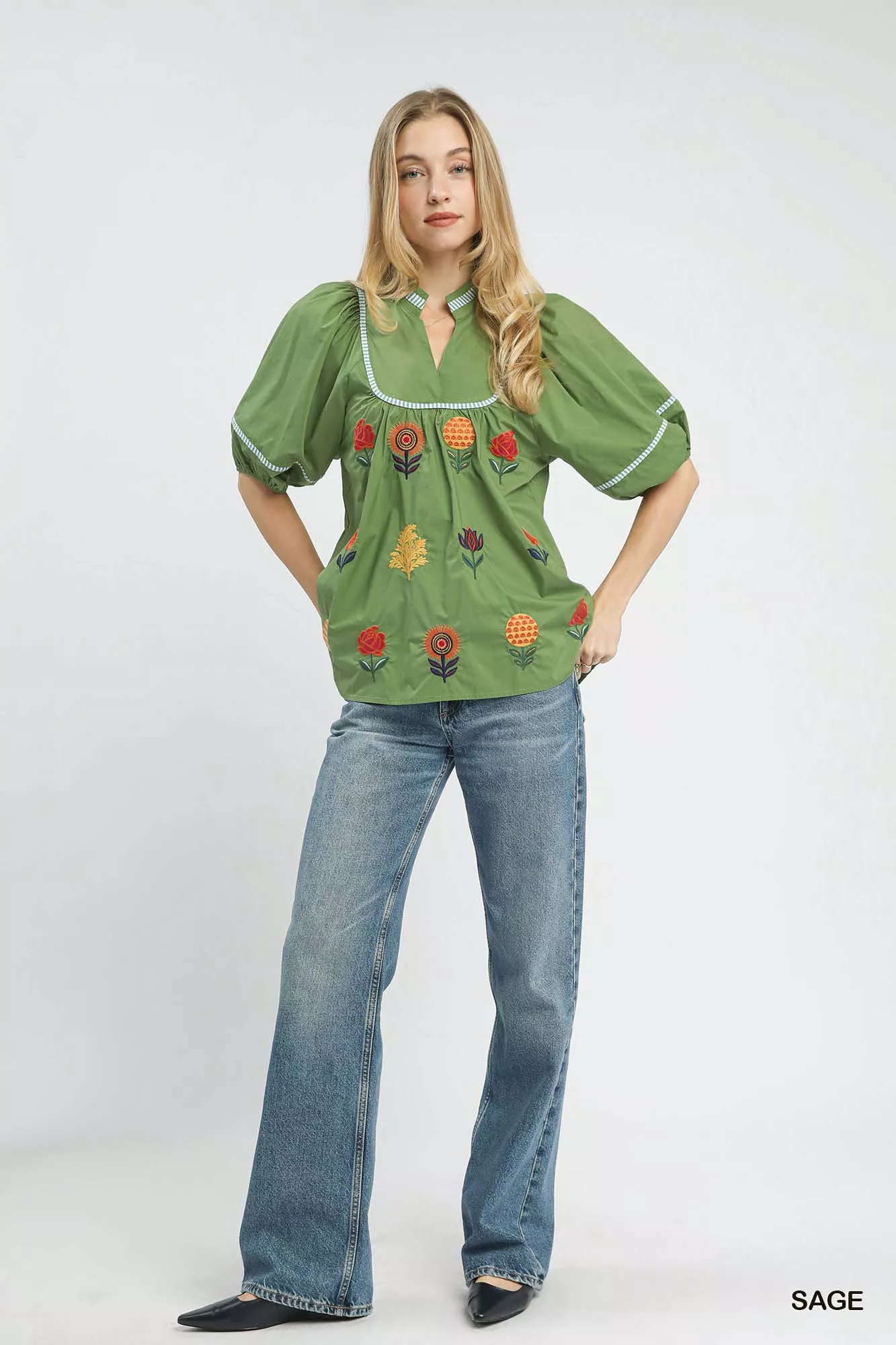 Umgee Embroidered Floral Puff Sleeve Top - Image 5