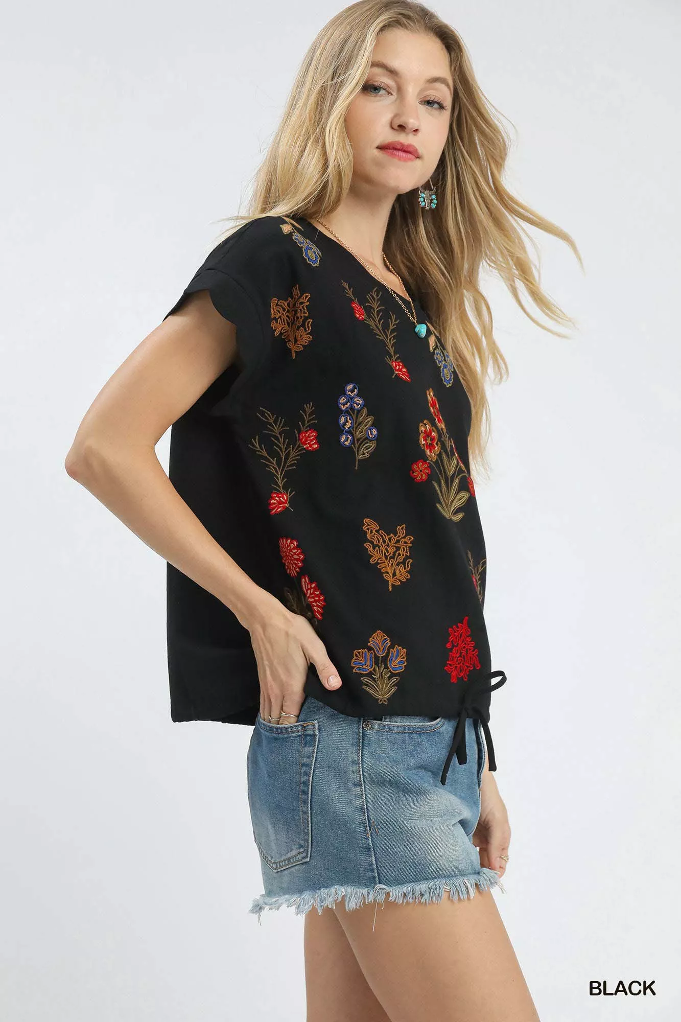 Umgee Embroidered Scallop Sleeve Top with Drawstring Hem - Image 2