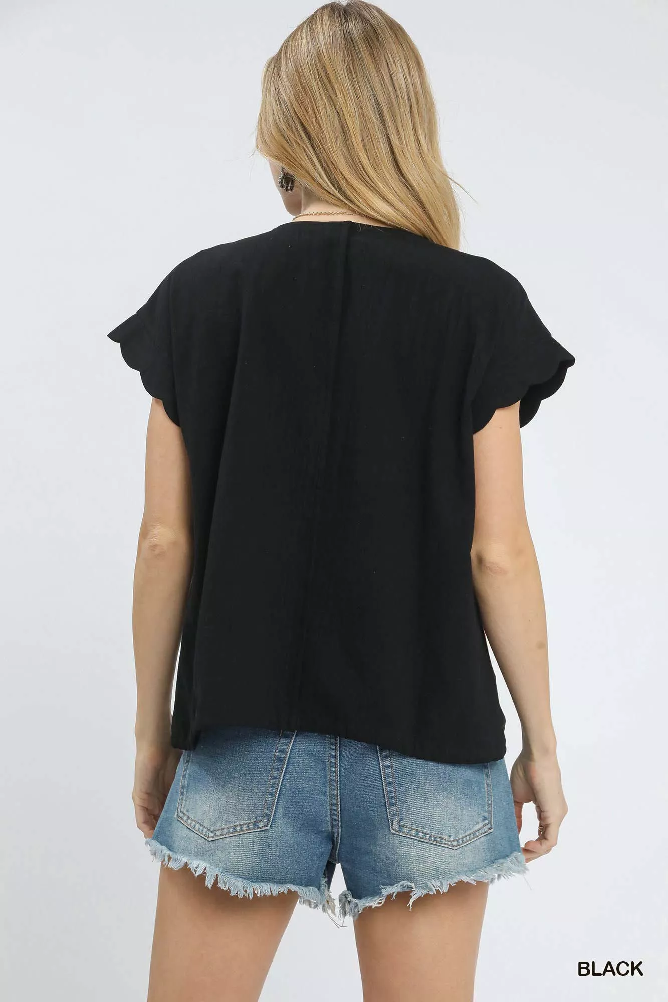 Umgee Embroidered Scallop Sleeve Top with Drawstring Hem - Image 3