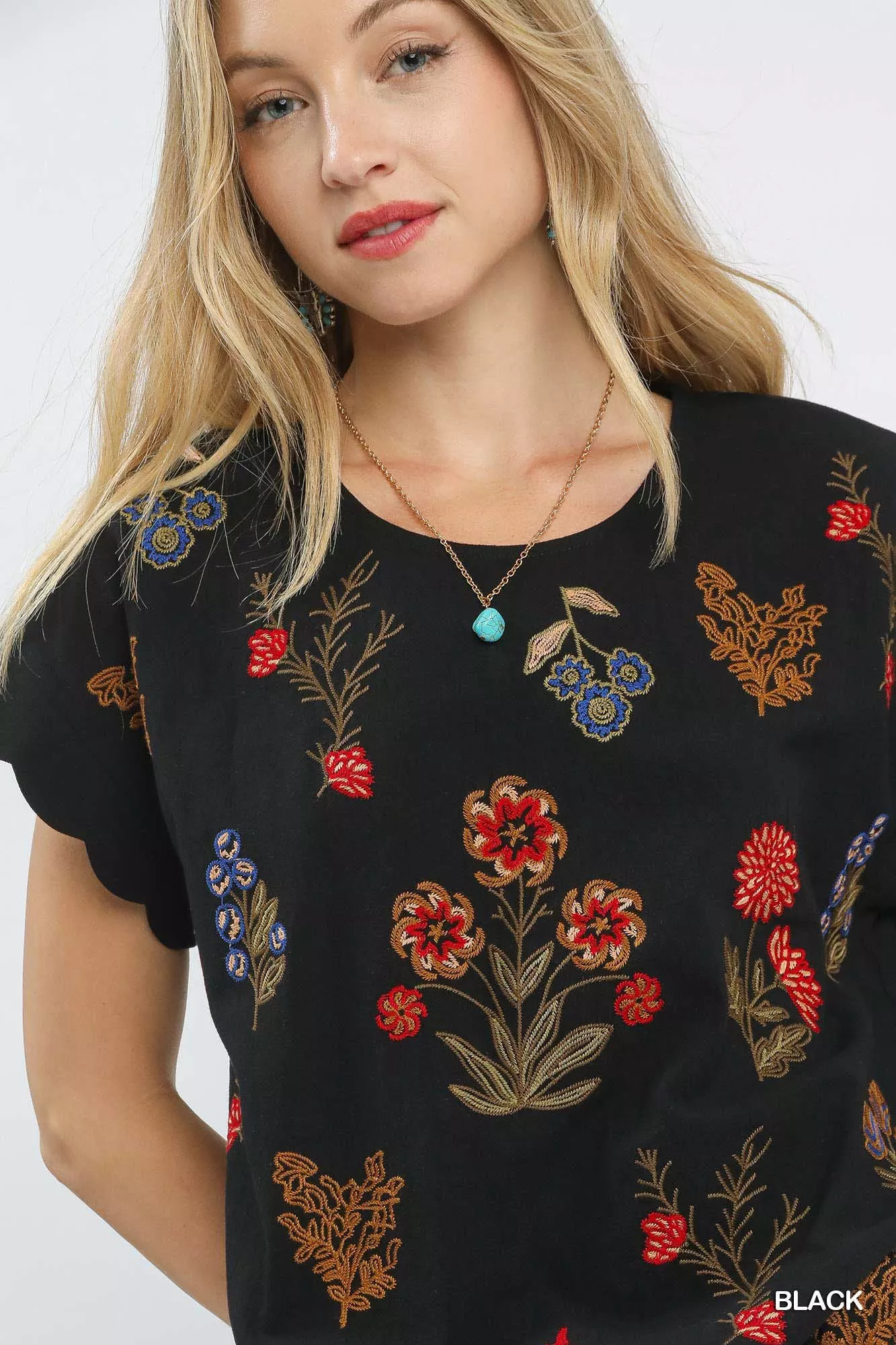 Umgee Embroidered Scallop Sleeve Top with Drawstring Hem - Image 5