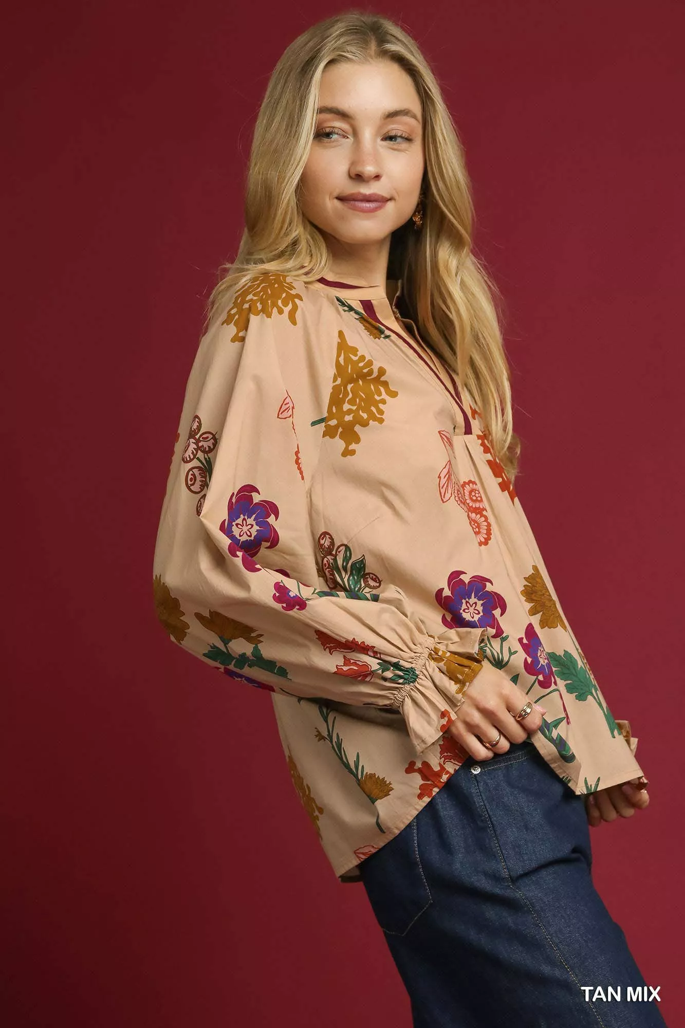 Umgee Floral Print Flounce Sleeve Blouse - Image 2