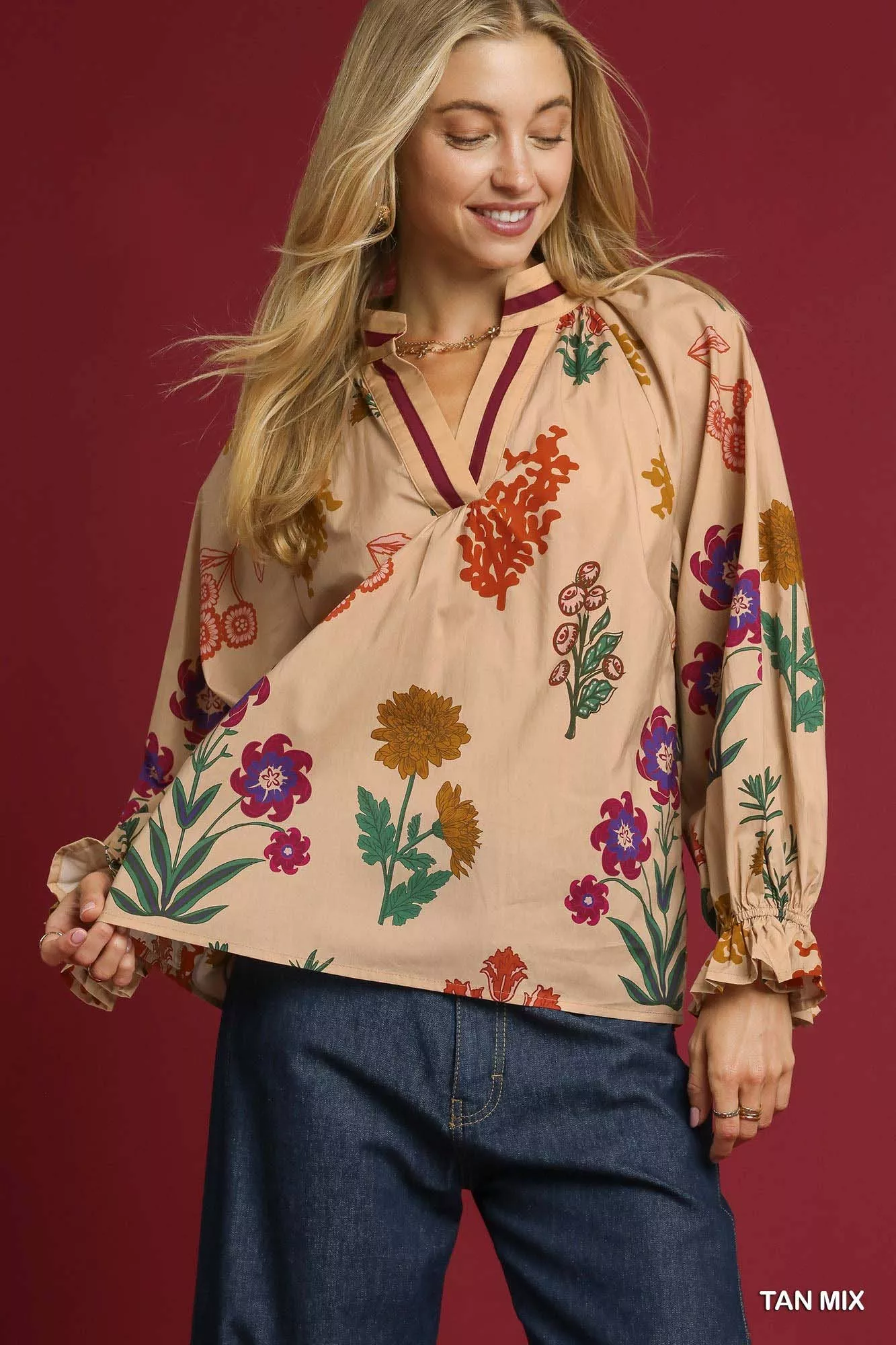 Umgee Floral Print Flounce Sleeve Blouse - Image 3
